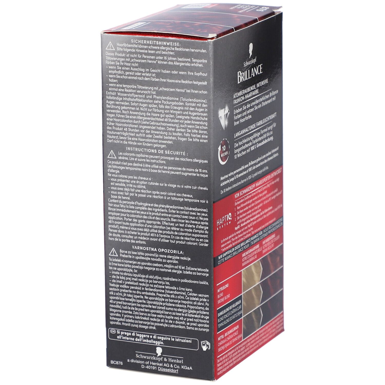 Seite der Brilliance 876 Edelmahagoni Verpackung. Enthält Text und Abbildungen. Schwarzkopf Brilliance Schriftzug.