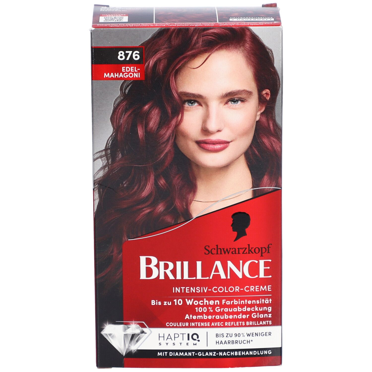 Vorderseite der Brilliance 876 Edelmahagoni Verpackung. Rote Box mit Frauengesicht. Schwarzkopf Brilliance Schriftzug.