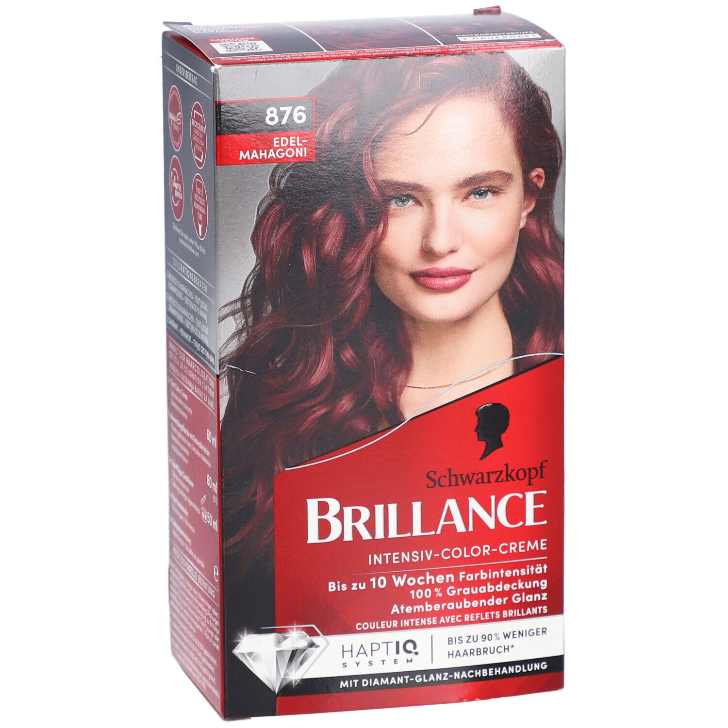 Vorderseite der Brilliance 876 Edelmahagoni Verpackung. Rote Box mit Frauengesicht. Schwarzkopf Brilliance Schriftzug.