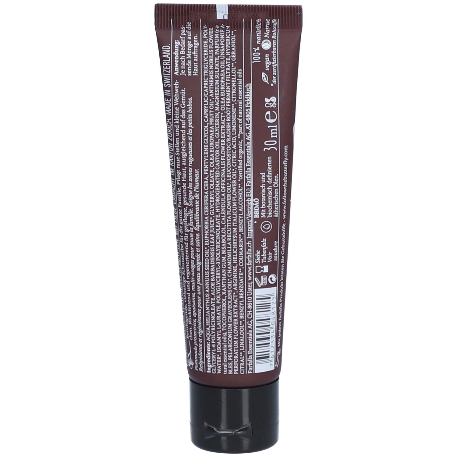 Rückseite der braunen Tube. Text in mehreren Sprachen. Inhaltsstoffe. 30ml. Hergestellt in der Schweiz.