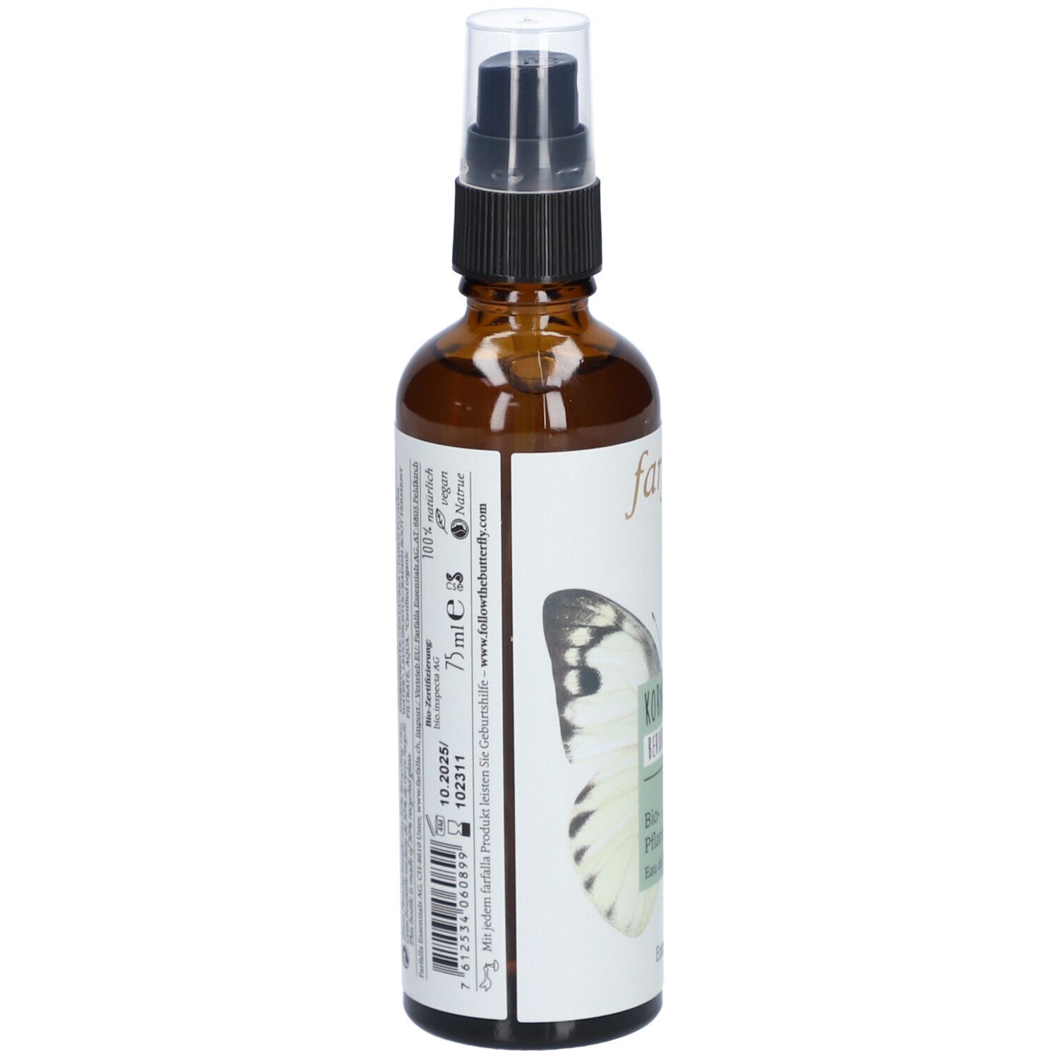 Braune Glasflasche mit Zerstäuber. Aufschrift: farfalla, Kornblume beruhigend, Bio-Pflanzenwasser. Etikett mit Inhaltsstoffen und Informationen.