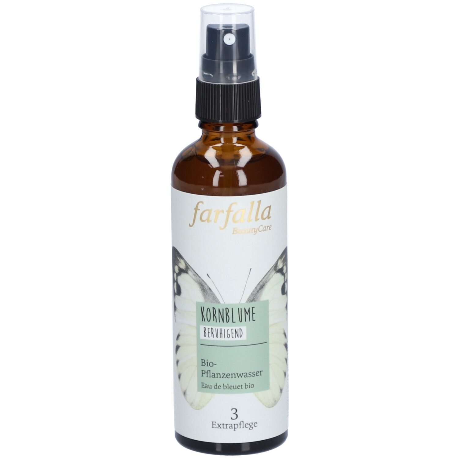Braune Glasflasche mit Zerstäuber. Aufschrift: farfalla, Kornblume beruhigend, Bio-Pflanzenwasser. Schmetterlingsmotiv.