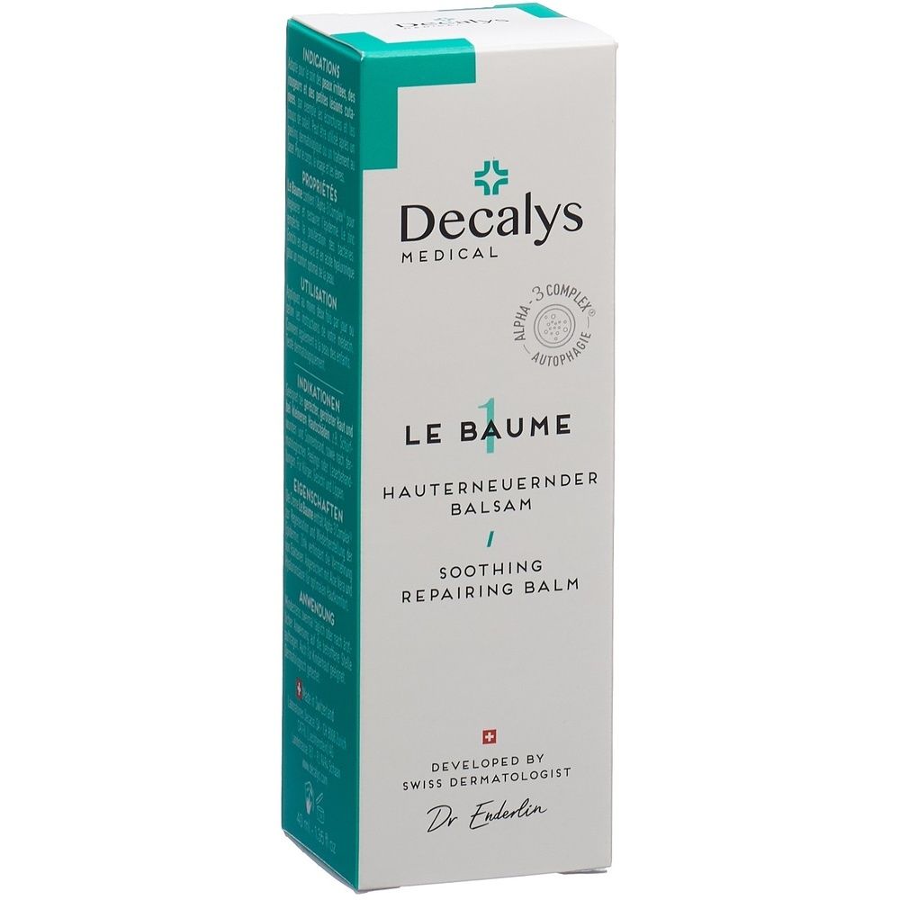 Weißer Karton mit „Decalys Medical“ Logo und „Le Baume“ Schriftzug. Enthält einen Balsam zur Hauterneuerung. Schweizer Produkt.