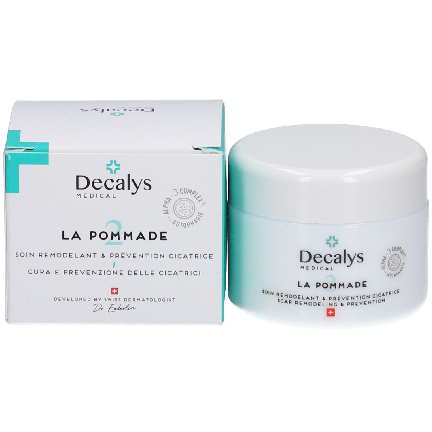 Produktverpackung und Tiegel. Aufschrift: Decalys Medical, La Pommade, Alpha-3 Complex, Schweizer Kreuz.