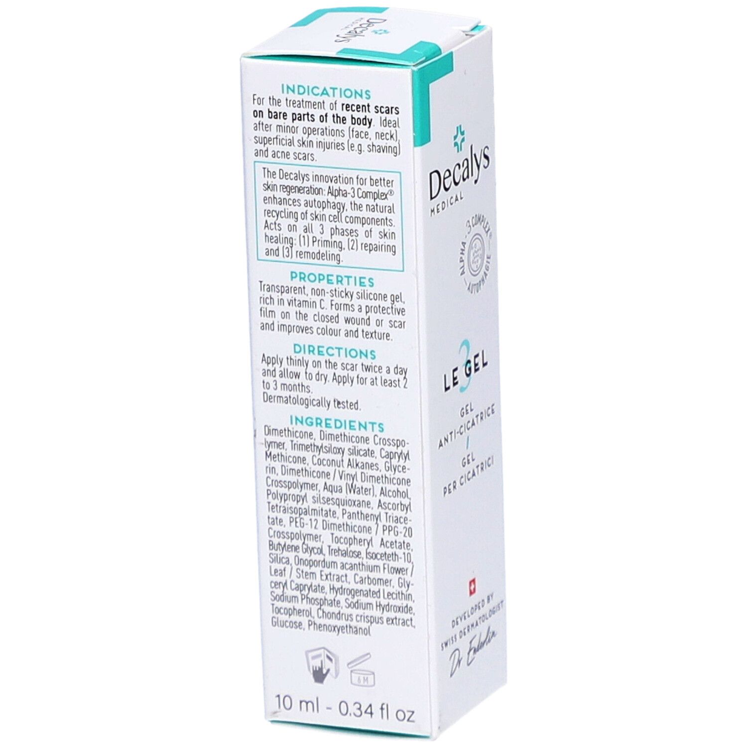 Produktverpackung mit Text. Enthält Informationen zu Anwendung, Inhaltsstoffen und Eigenschaften. Marke: Decalys Medical. 10 ml - 0.34 fl oz.