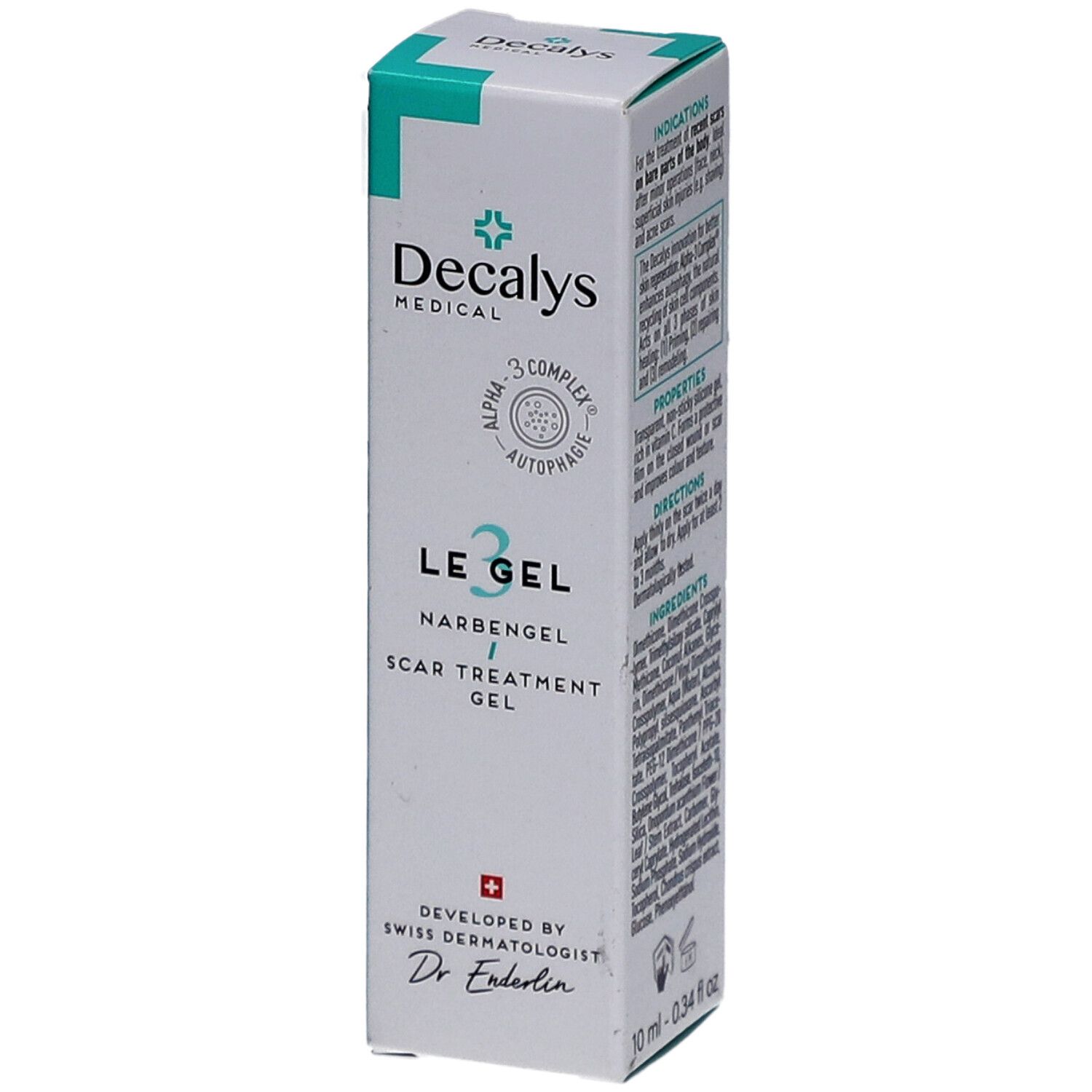 Produktverpackung mit Text. Enthält Informationen zu Anwendung, Inhaltsstoffen und Eigenschaften. Marke: Decalys Medical. 10 ml - 0.34 fl oz.
