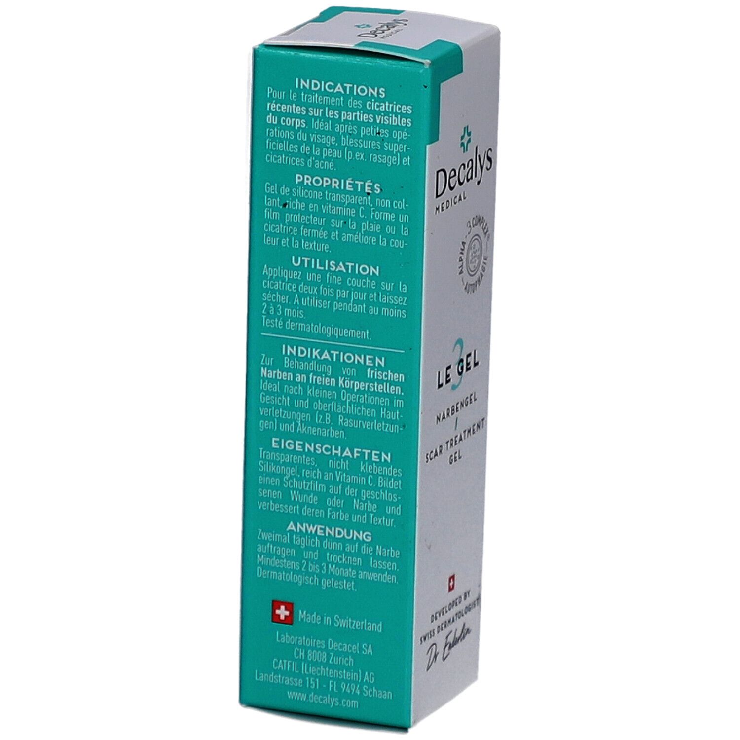 Produktverpackung mit Text. Enthält Informationen zu Anwendung, Inhaltsstoffen und Eigenschaften. Marke: Decalys Medical. 10 ml - 0.34 fl oz.