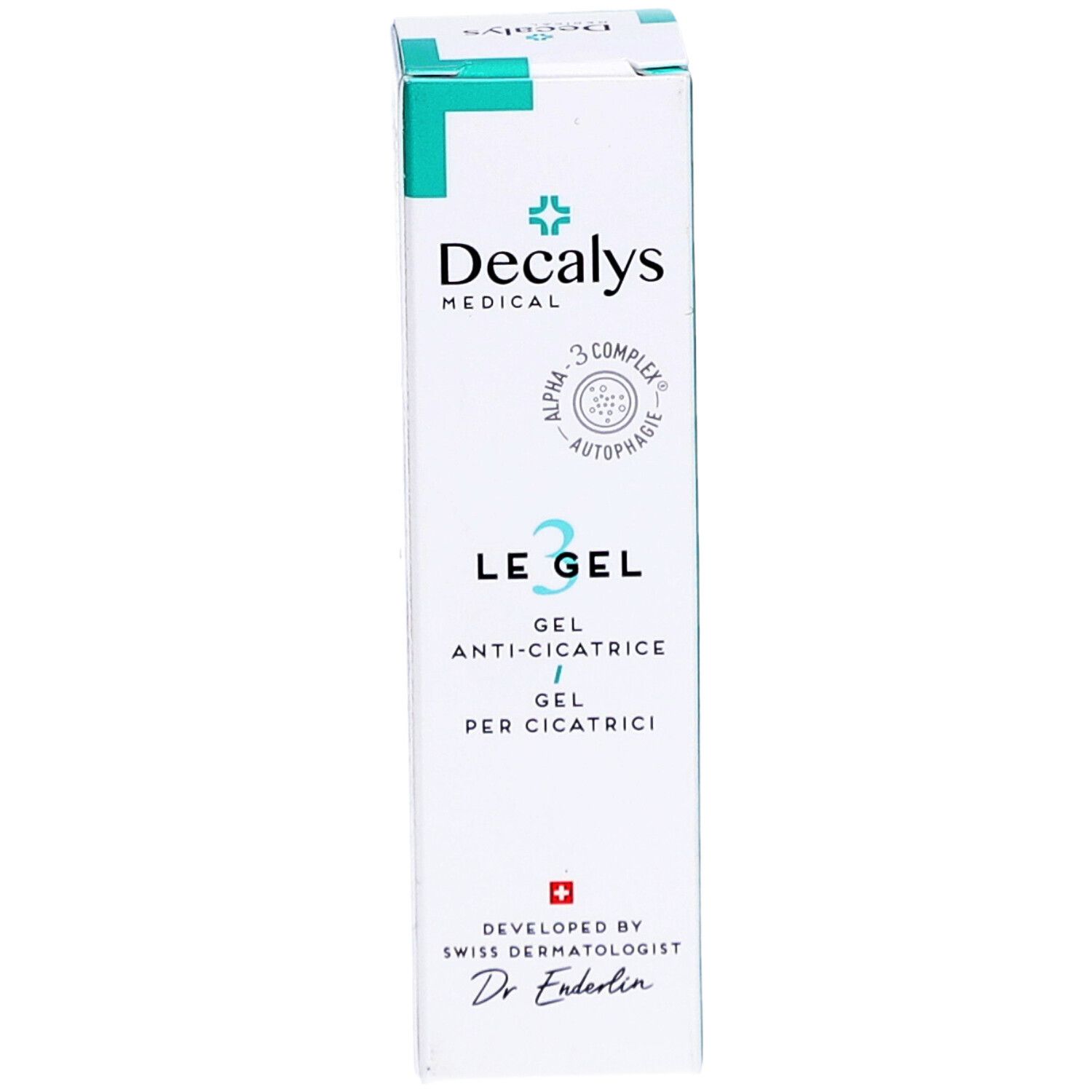 Schachtel mit Produktnamen und Logo. Text: LE GEL, Anti-Cicatrici, Gel per Cicatrici. Marke: Decalys Medical. Mit Schweizer Kreuz.