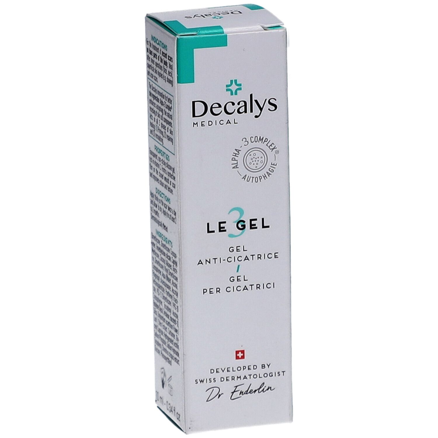 Schachtel mit Produktnamen und Logo. Text: LE GEL, Anti-Cicatrici, Gel per Cicatrici. Marke: Decalys Medical. Mit Schweizer Kreuz.