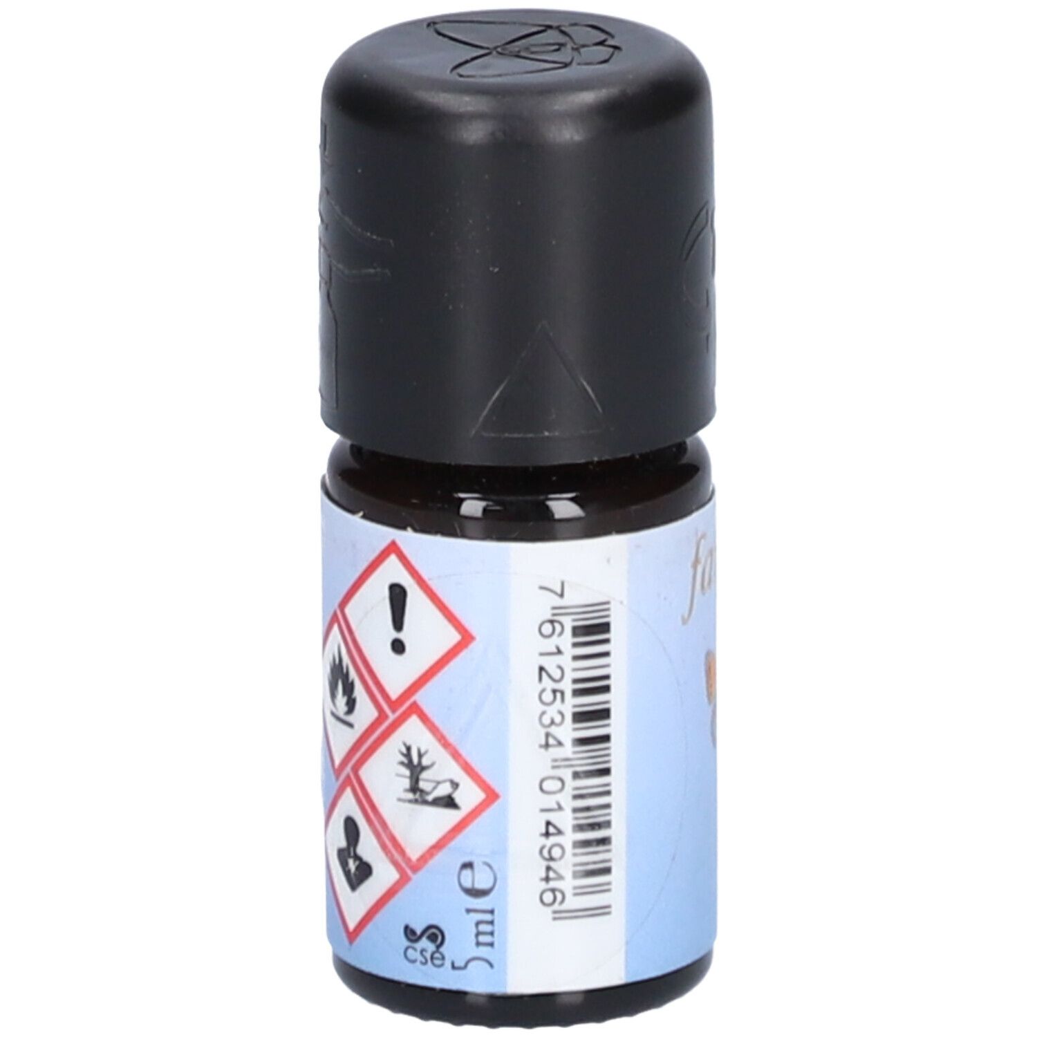 Flacon en verre brun avec bouchon noir. Étiquette avec symboles de danger, code-barres et "5 ml".
