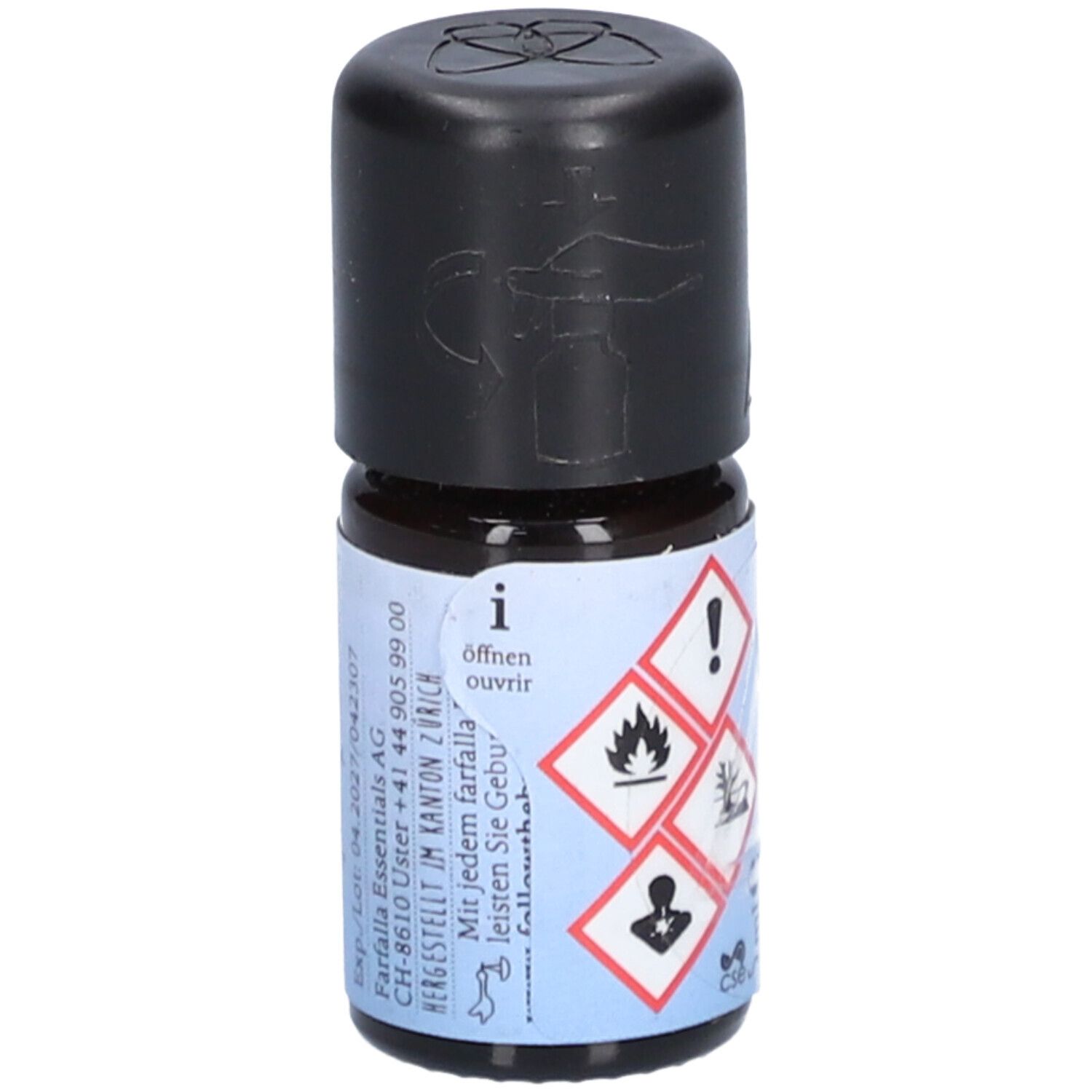 Flacon en verre brun avec bouchon noir. Étiquette avec symboles de danger et texte: "Öffnen/ouvrir".