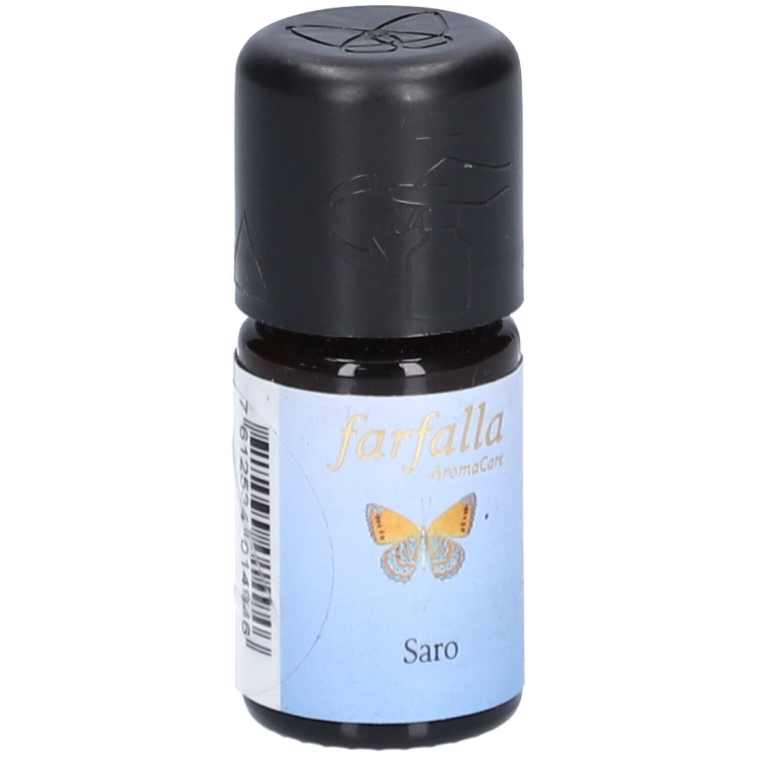 Flacon en verre brun avec bouchon noir. Étiquette avec "farfalla AromaCare", papillon et "Saro".