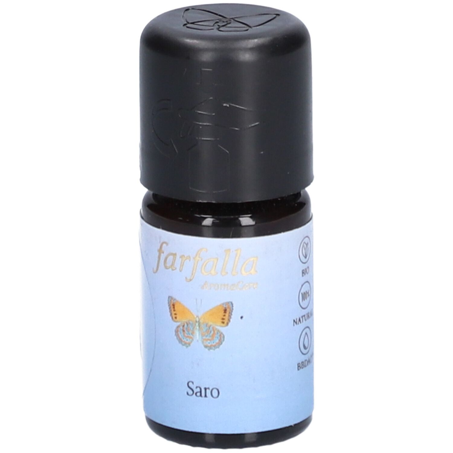 Flacon en verre brun avec bouchon noir. Étiquette avec "farfalla AromaCare", papillon et logos.