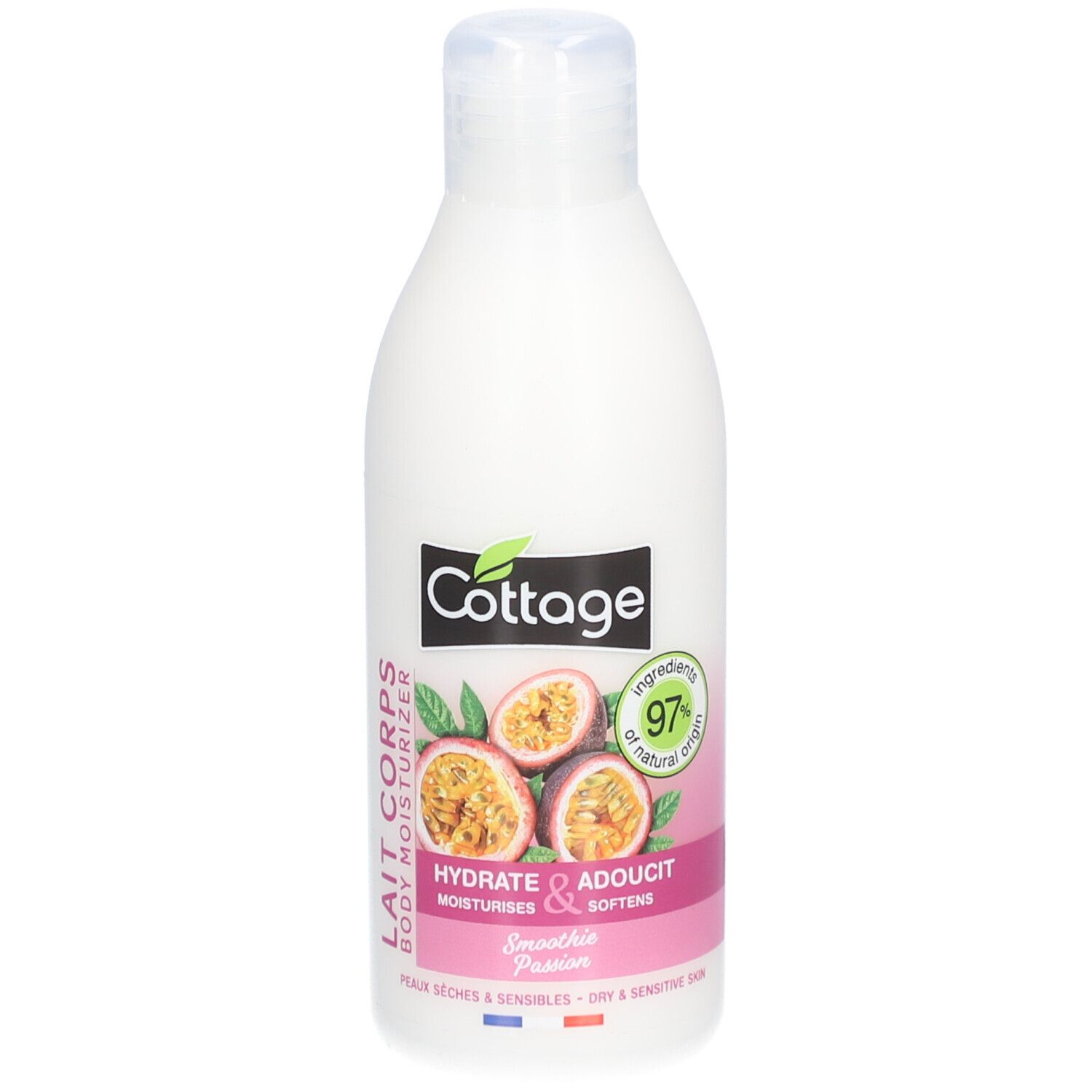 Weiße Flasche mit "Cottage"-Logo und Passionsfrucht-Illustration. Text: "Lait Corps Body Moisturizer".