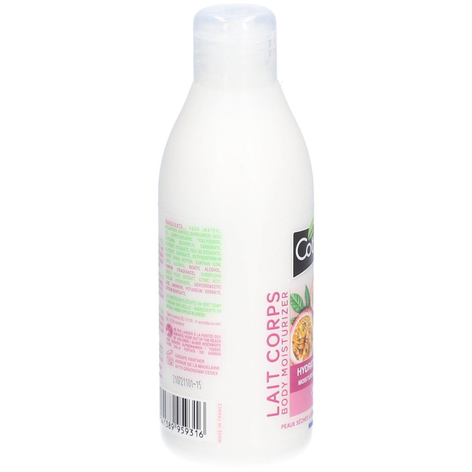 Weiße Flasche mit Text und Barcode. "Lait Corps Body Moisturizer". Rückseite mit Inhaltsangaben und Herstellerinformationen.