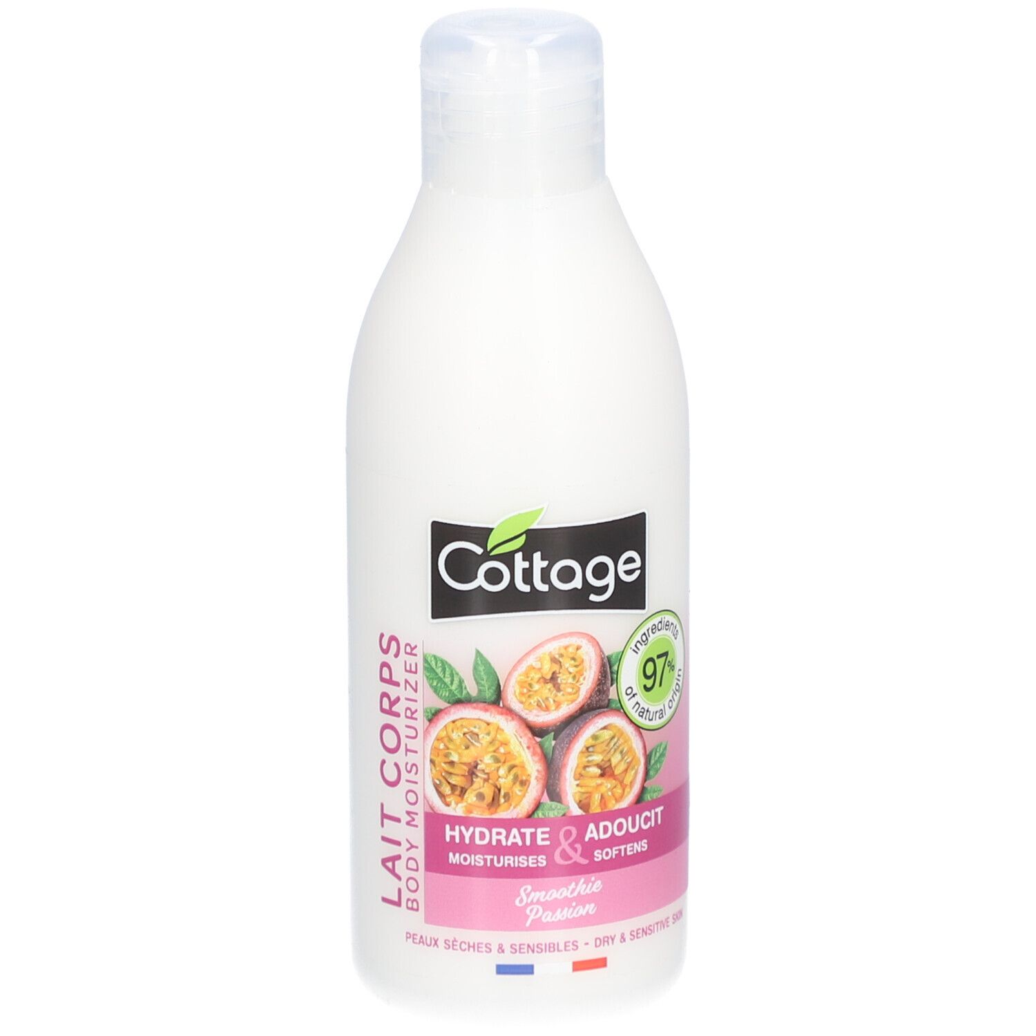 Weiße Flasche mit "Cottage"-Logo und Passionsfrucht-Illustration. Text: "Lait Corps Body Moisturizer".