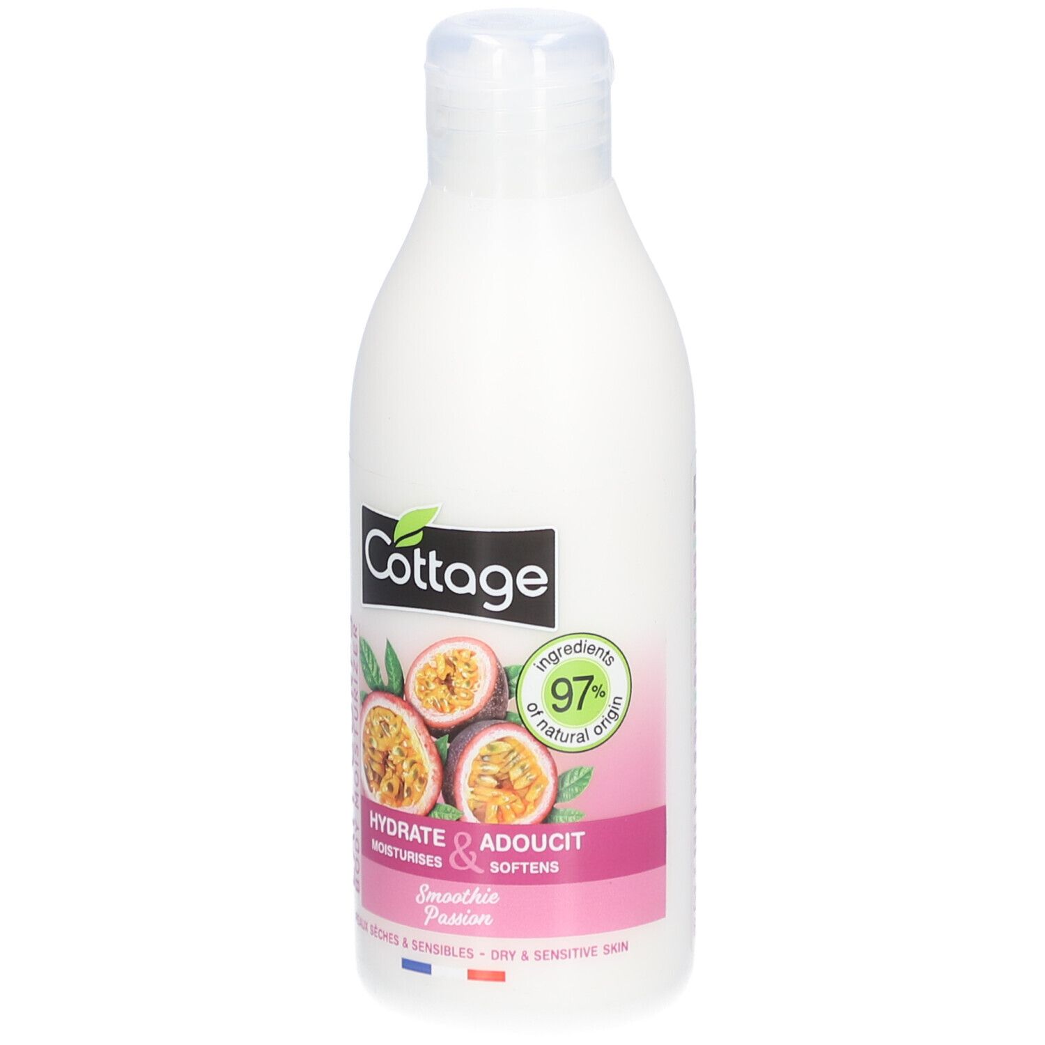 Weiße Flasche mit "Cottage"-Logo und Passionsfrucht-Illustration. Text: "Lait Corps Body Moisturizer".