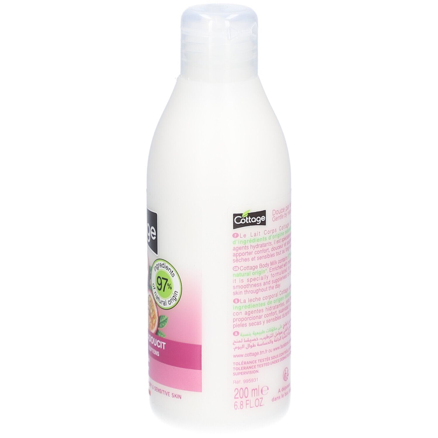 Weiße Flasche mit "Cottage"-Logo und Text. "Lait Corps Body Moisturizer". Enthält 97% Inhaltsstoffe natürlichen Ursprungs. 200 ml.