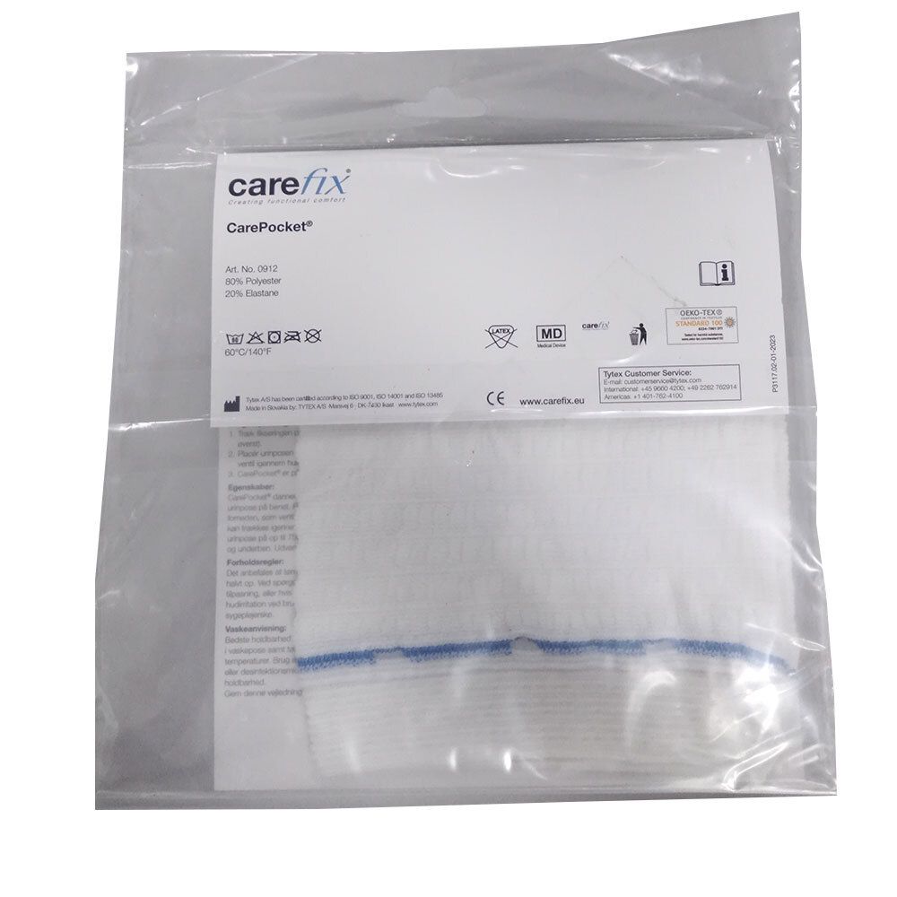 CAREFIX CarePocket, Beinbeutelfixierung, weißes Produkt in Folienverpackung. Blaue Naht sichtbar.