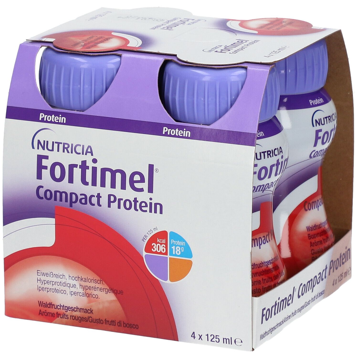 Packung mit vier Flaschen Fortimel Compact Protein. Lila Deckel, weißes Etikett mit Produktinformationen. Waldfrüchte-Geschmack.