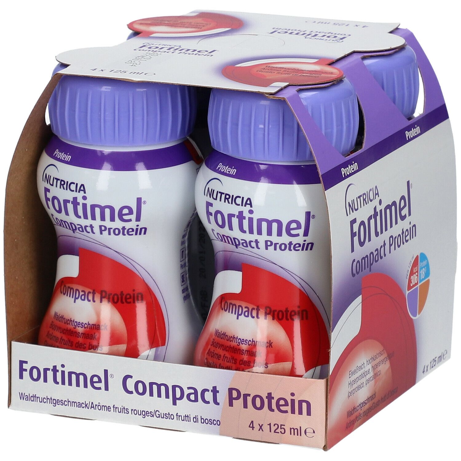 Packung mit vier Flaschen Fortimel Compact Protein. Lila Deckel, weißes Etikett. Waldfrüchte-Geschmack. 4 x 125 ml.