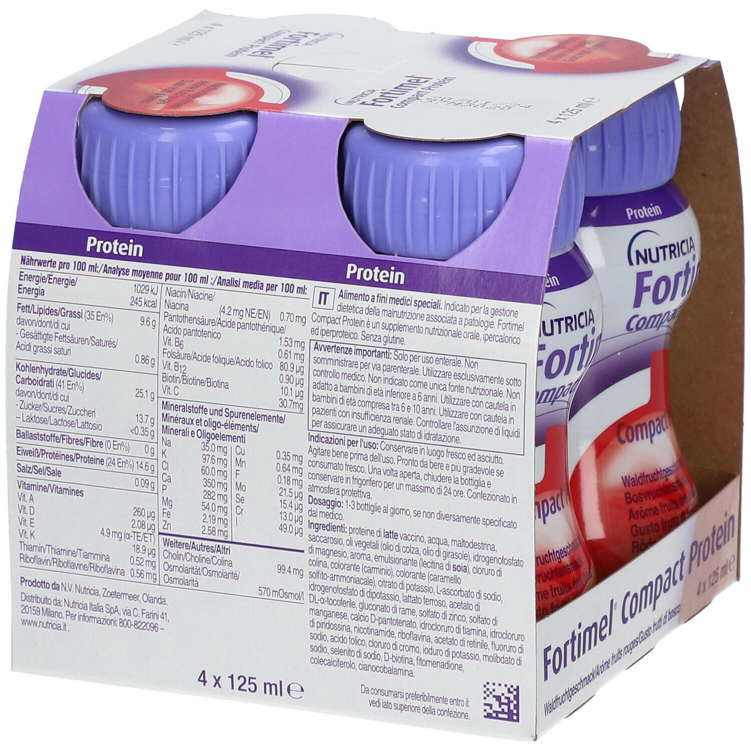 Packung mit vier Flaschen Fortimel Compact Protein. Lila Deckel, weißes Etikett mit Nährwertangaben. 4 x 125 ml.