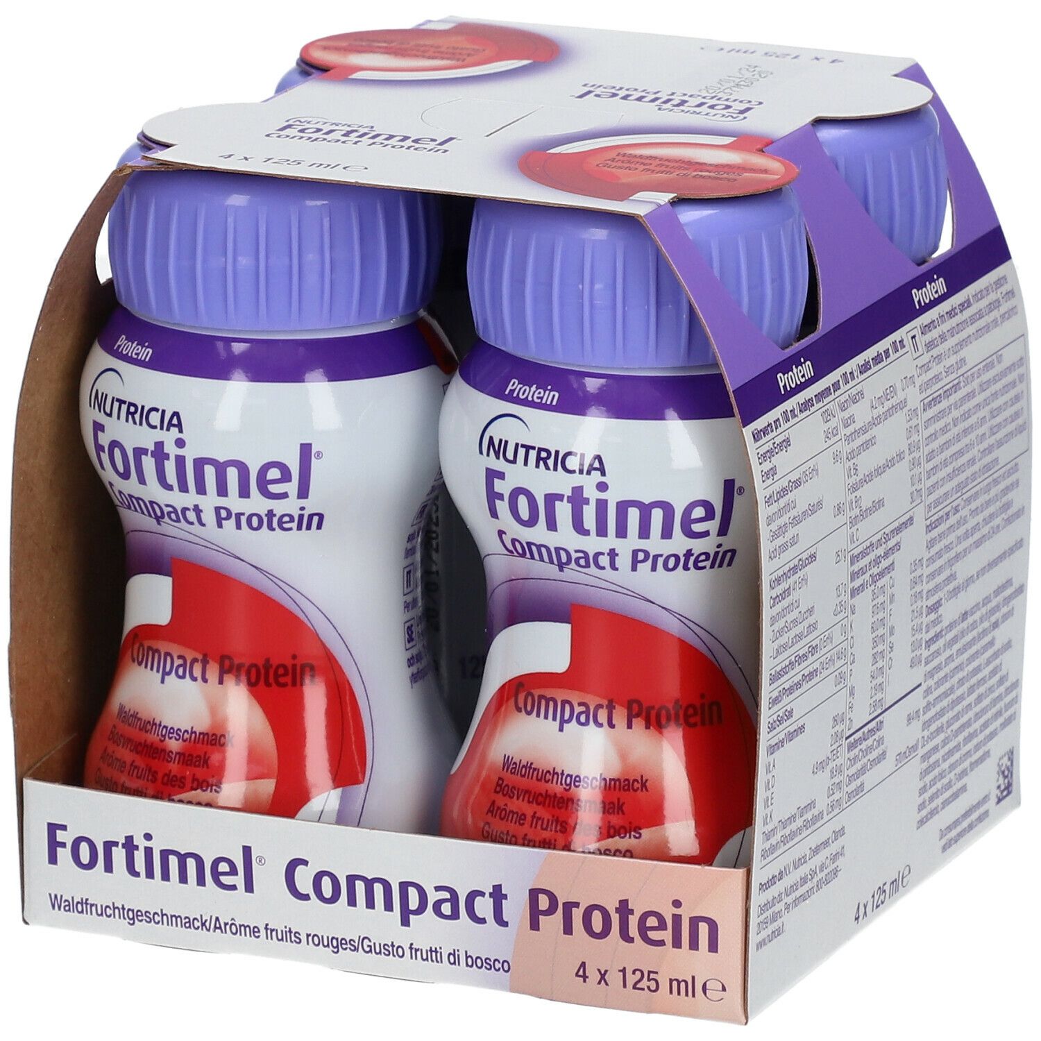 Packung mit vier Flaschen Fortimel Compact Protein. Lila Deckel, weißes Etikett. Waldfrüchte-Geschmack. 4 x 125 ml.