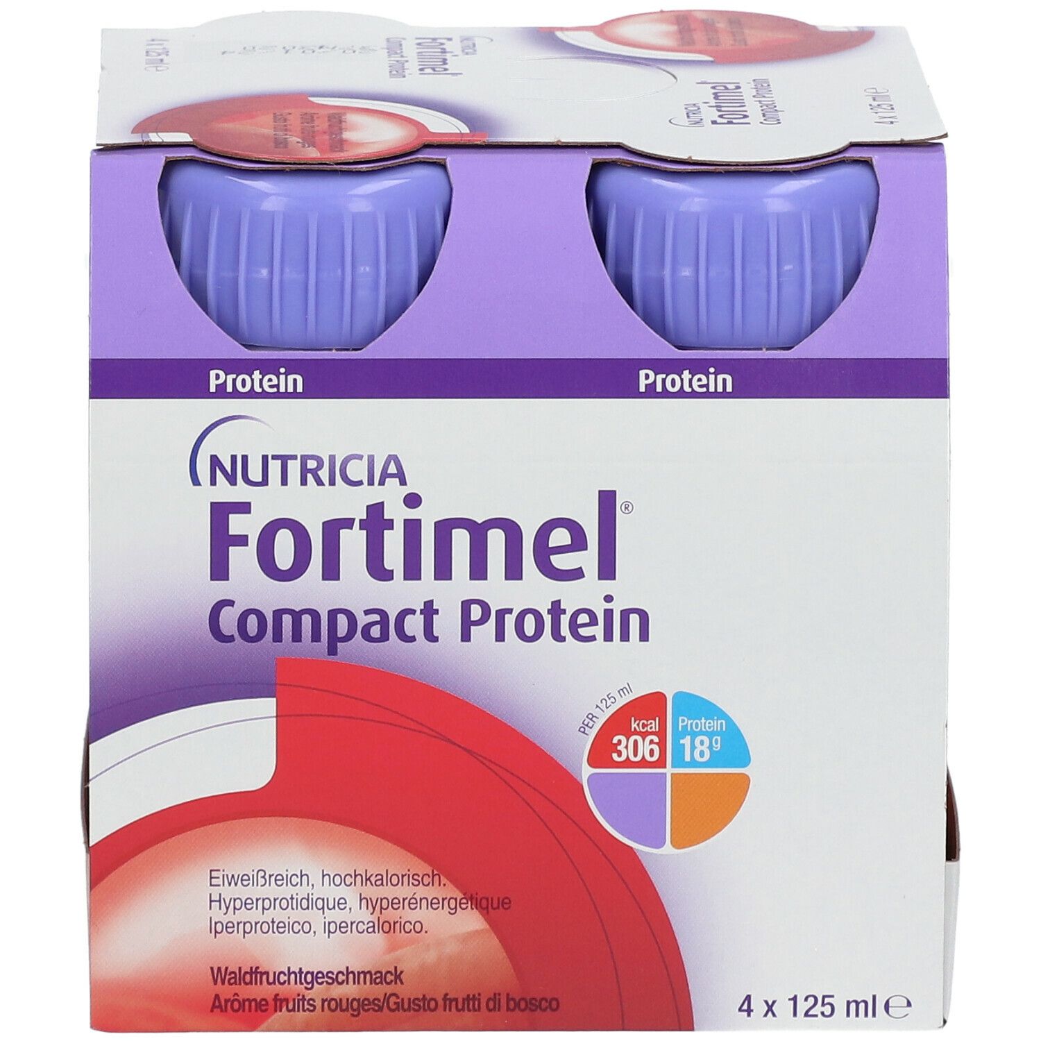 Packung mit zwei Flaschen Fortimel Compact Protein. Lila Deckel, weißes Etikett. Waldfrüchte-Geschmack. 4 x 125 ml.