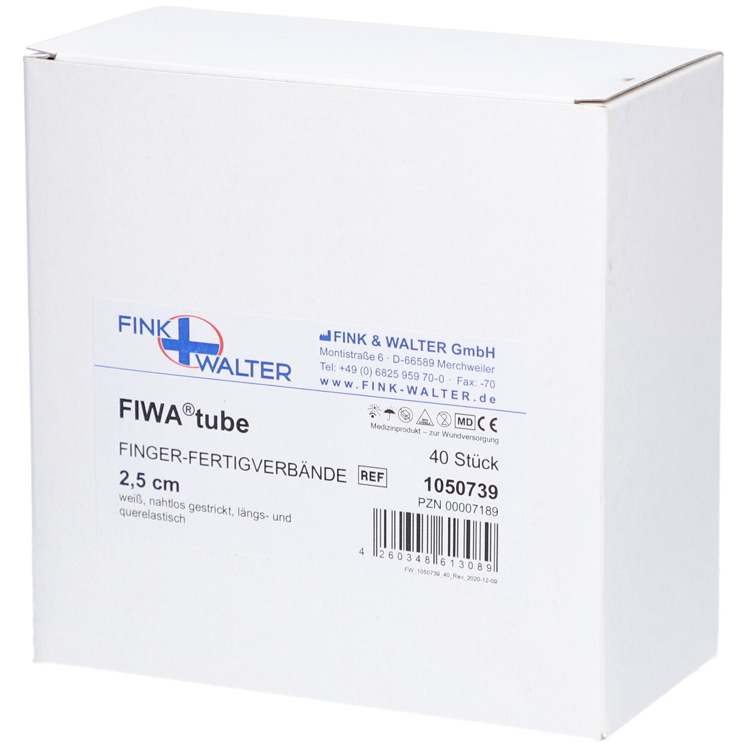 Boîte blanche avec informations produit. FIWA® tube Finger-Fertigverbände, 2,5 cm. 40 pièces. Fabricant : FINK & WALTER GmbH.