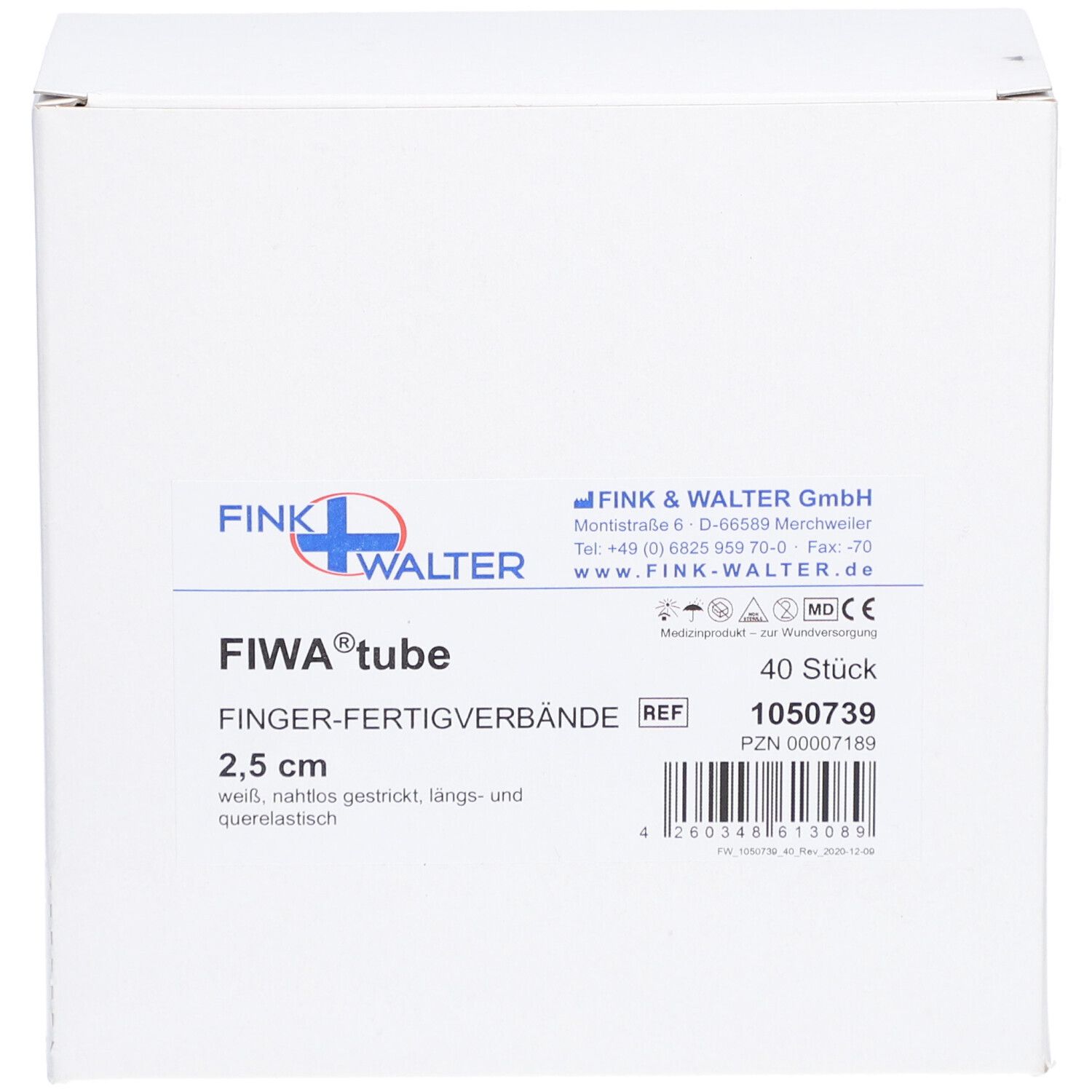 Boîte blanche avec informations produit. FIWA® tube Finger-Fertigverbände, 2,5 cm. 40 pièces. Fabricant : FINK & WALTER GmbH.