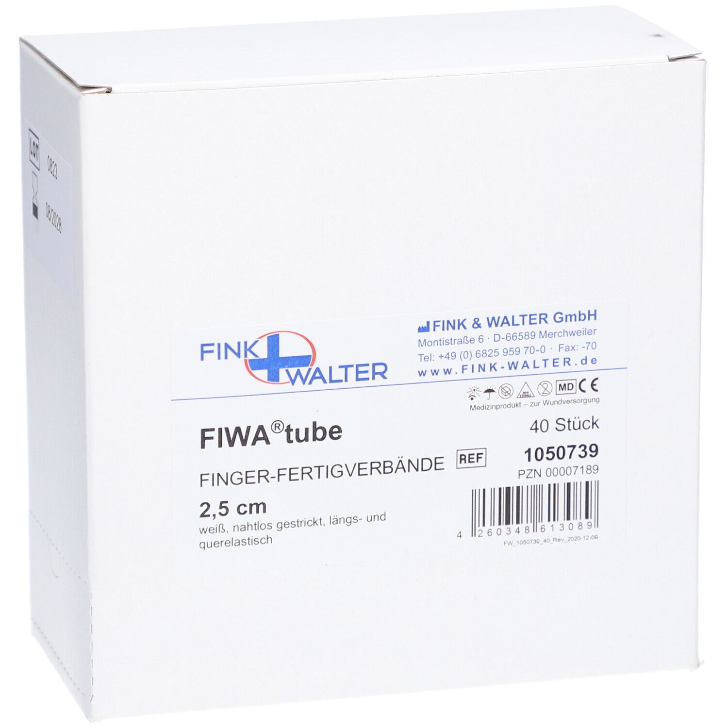 Boîte blanche avec informations produit. FIWA® tube Finger-Fertigverbände, 2,5 cm. 40 pièces. Fabricant : FINK & WALTER GmbH.