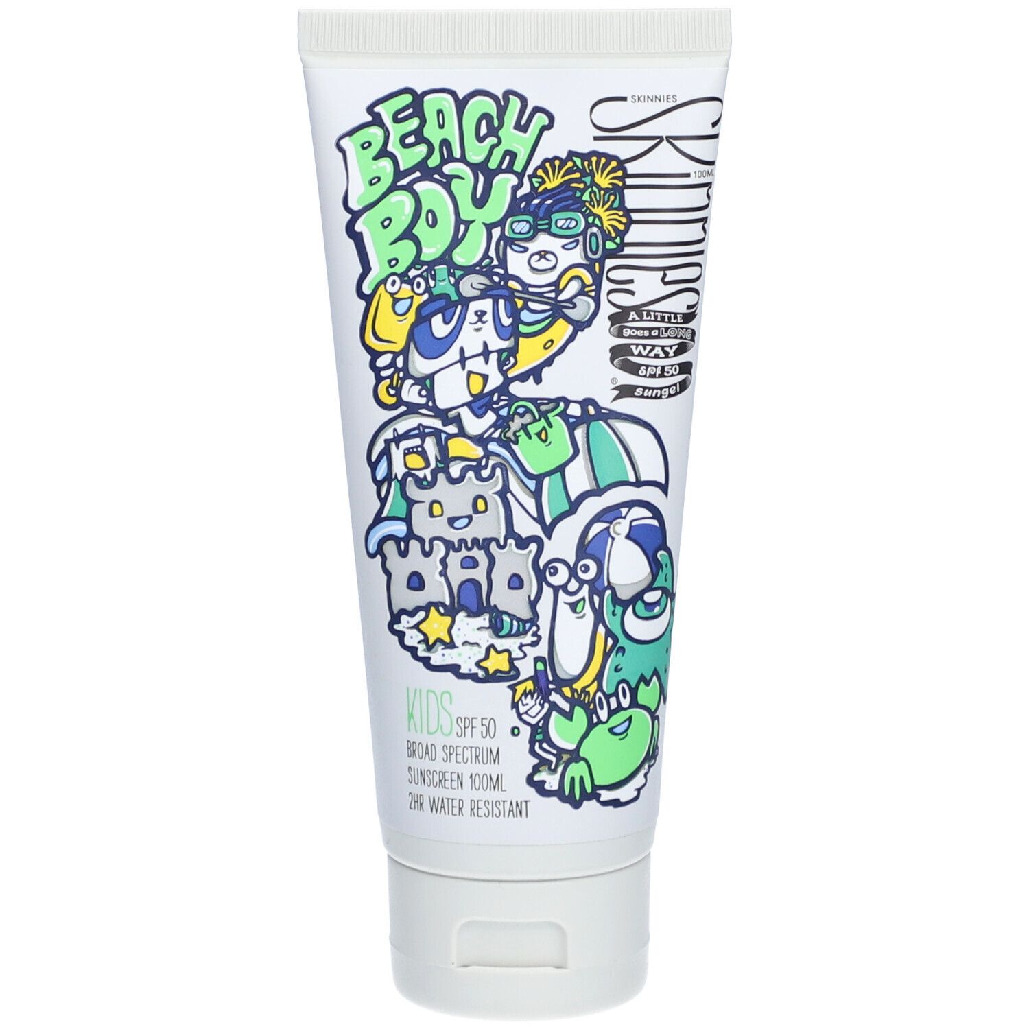 Weiße Tube mit "Beach Boy"-Illustrationen und SPF 50. Text: "KIDS", "Broad Spectrum Sunscreen".