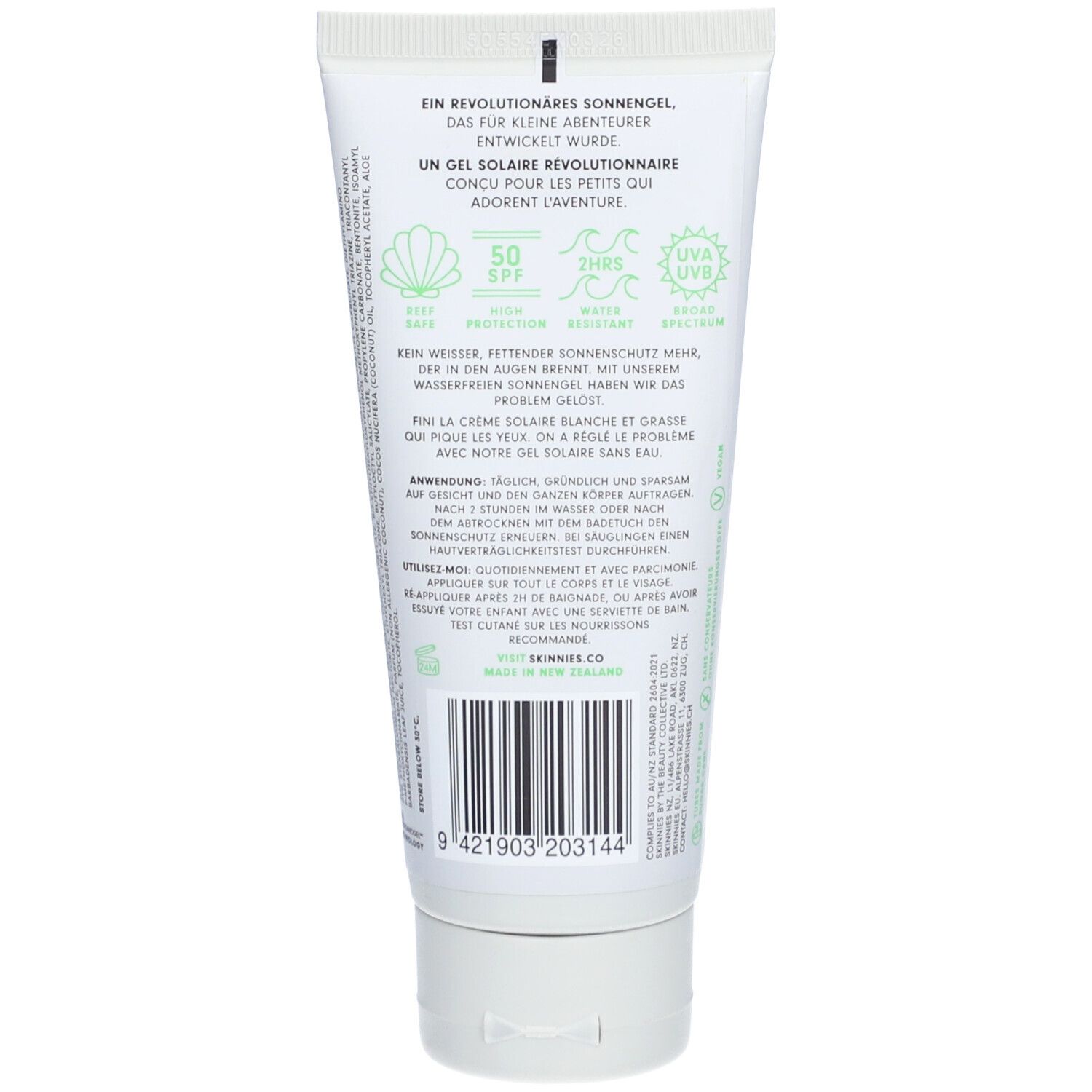 Rückseite der Tube. Text: "EIN REVOLUTIONÄRES SONNENGEL". Enthält Informationen zu SPF 50 und UVA-Schutz.