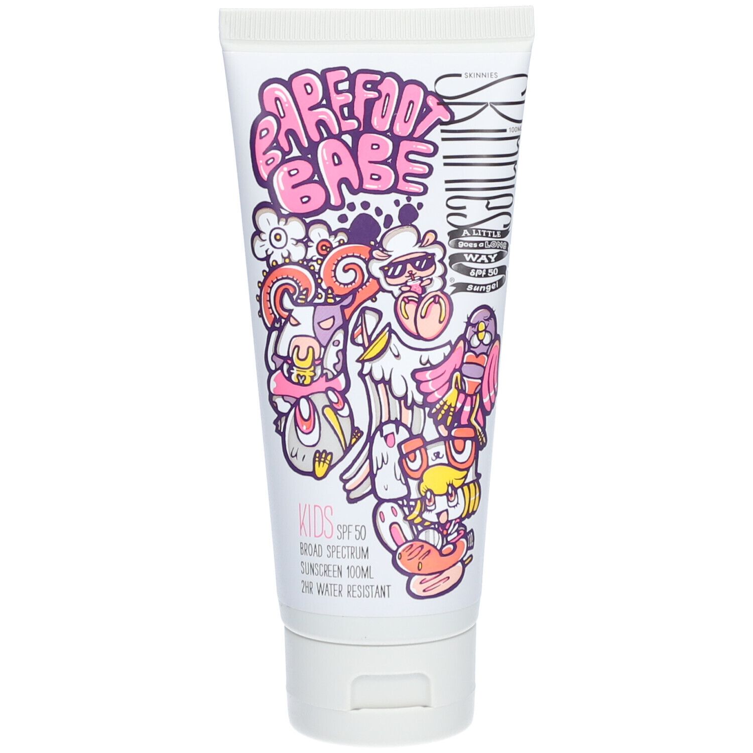 Weiße Tube mit rosa Aufdruck. "Barefoot Babe" und Illustrationen. "Kids SPF 50" Text. SKINNIES Logo.