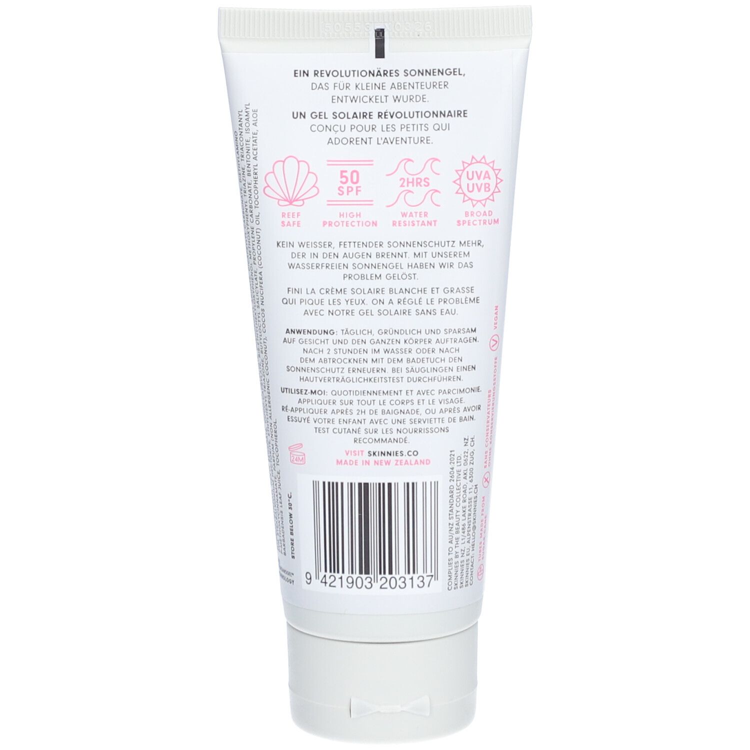 Rückseite der Tube. Text in Deutsch und Französisch. SPF 50, 2HRS, UVA/UVB-Schutz. Barcode und Logo.