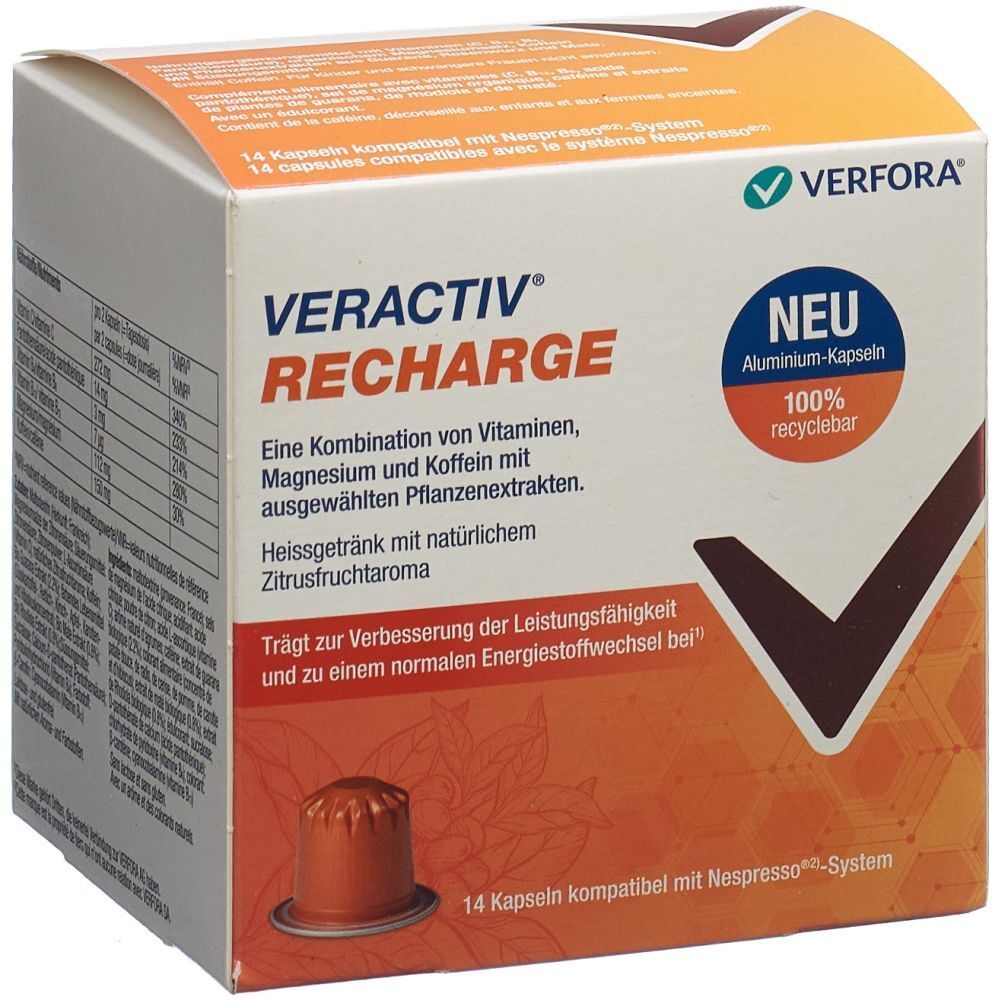 Boîte VERACTIV® Recharge de Verfora. 14 capsules. Design orange. Texte : "NEU", "100% recyclable". Compatible avec le système Nespresso.