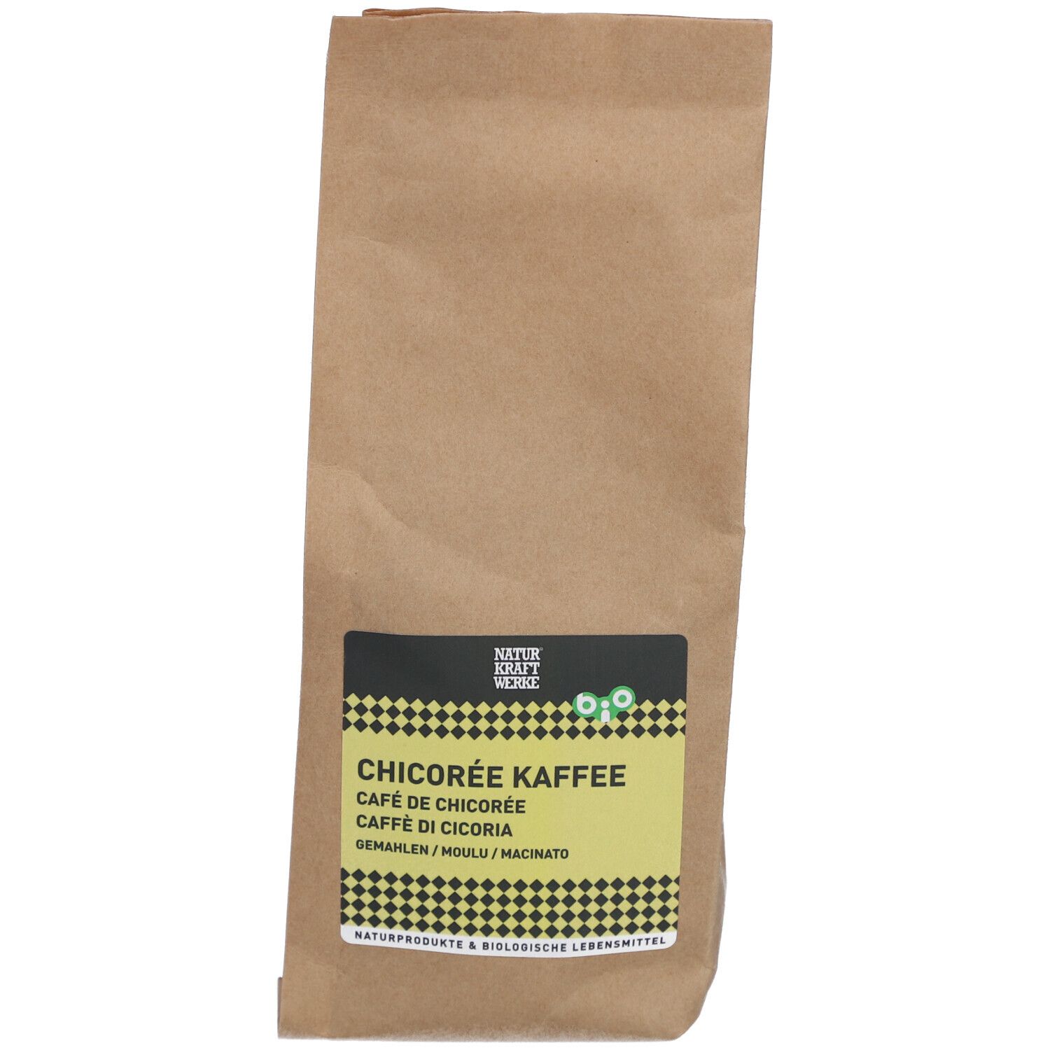 Braune Papiertüte mit gelbem Etikett. Aufschrift: Chicorée Kaffee, Naturkraftwerke. Bio-Zichorienkaffee.