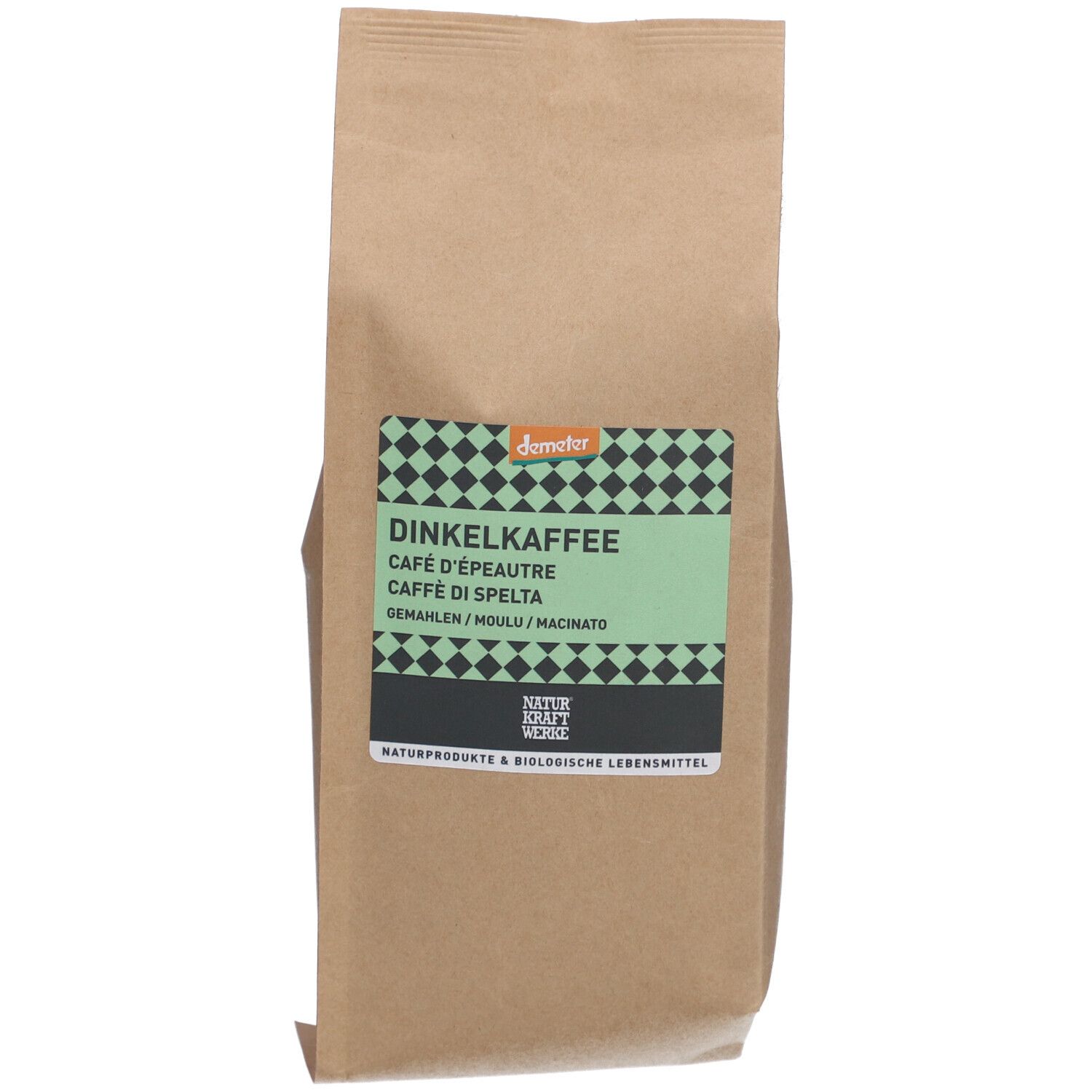 Sachet de café d'épeautre avec étiquette verte. Inscription : Dinkelkaffee, Café d'épeautre, label Demeter.