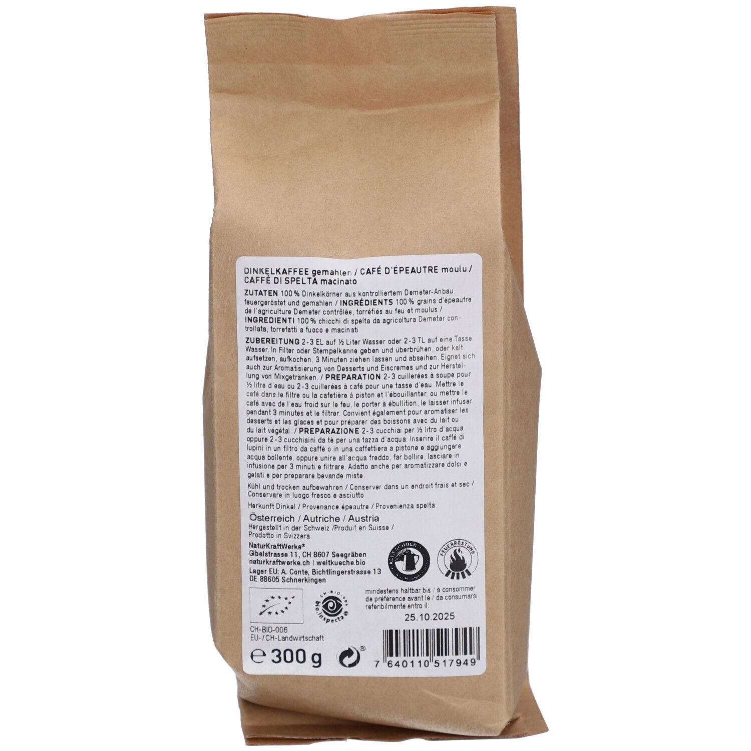 Dos du paquet de café. Texte avec instructions de préparation, ingrédients et label Demeter.