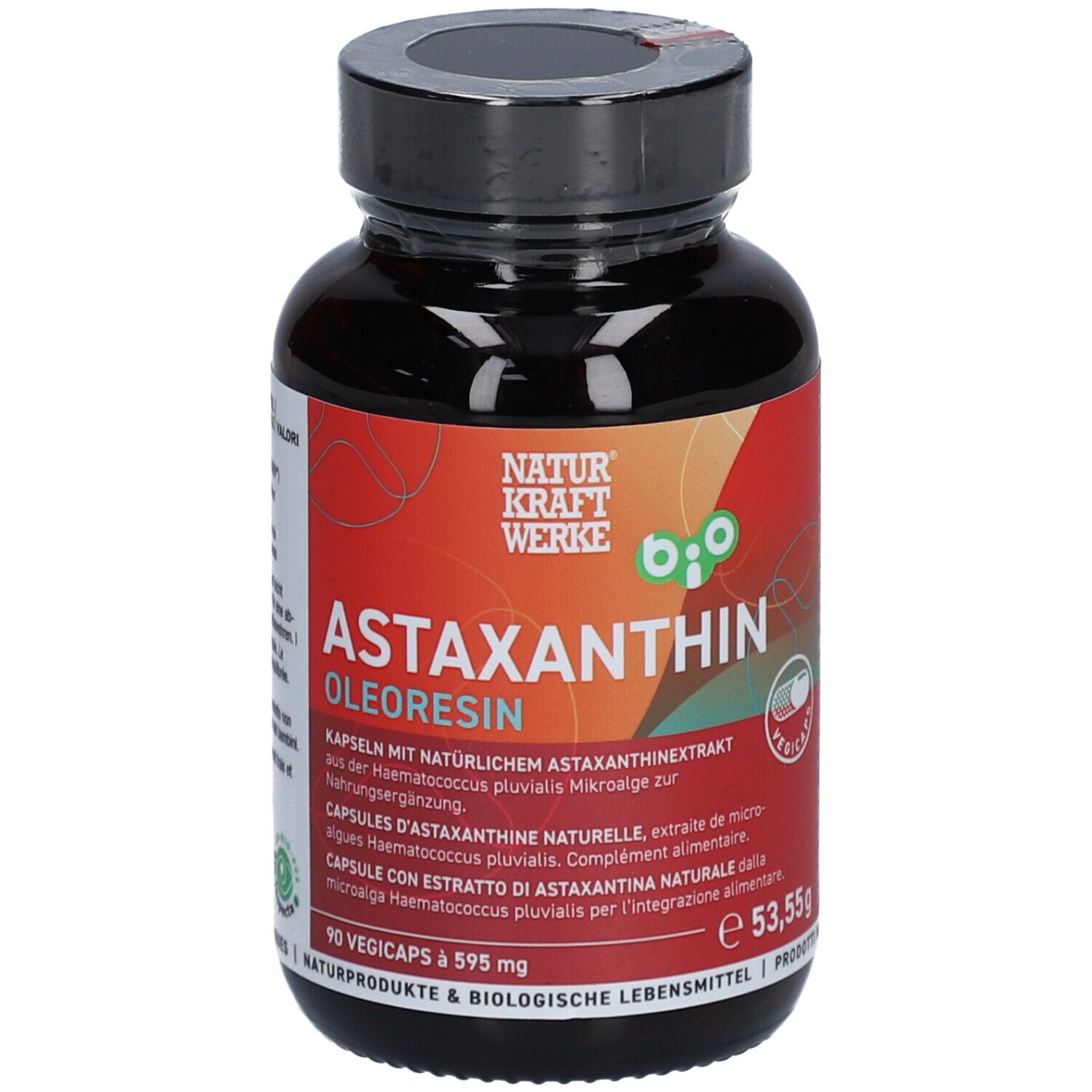 Braune Flasche mit Astaxanthin-Kapseln. Aufschrift: NATURKRAFTWERKE, Astaxanthin Bio, 90 Vegicaps, 595 mg.