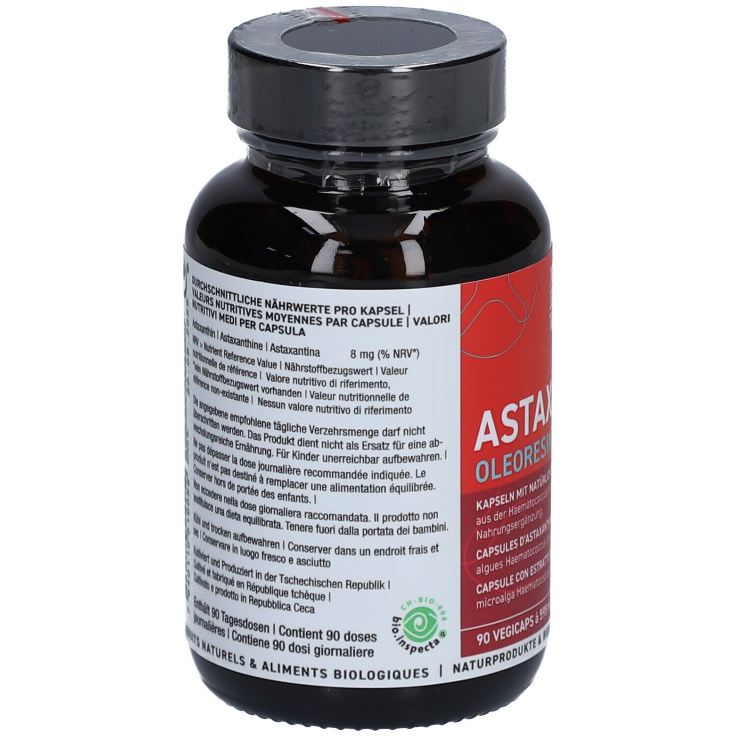 Rückseite der Astaxanthin-Flasche. Text: Nährwertangaben pro Kapsel, 90 Dosierungen, Bio-Siegel.