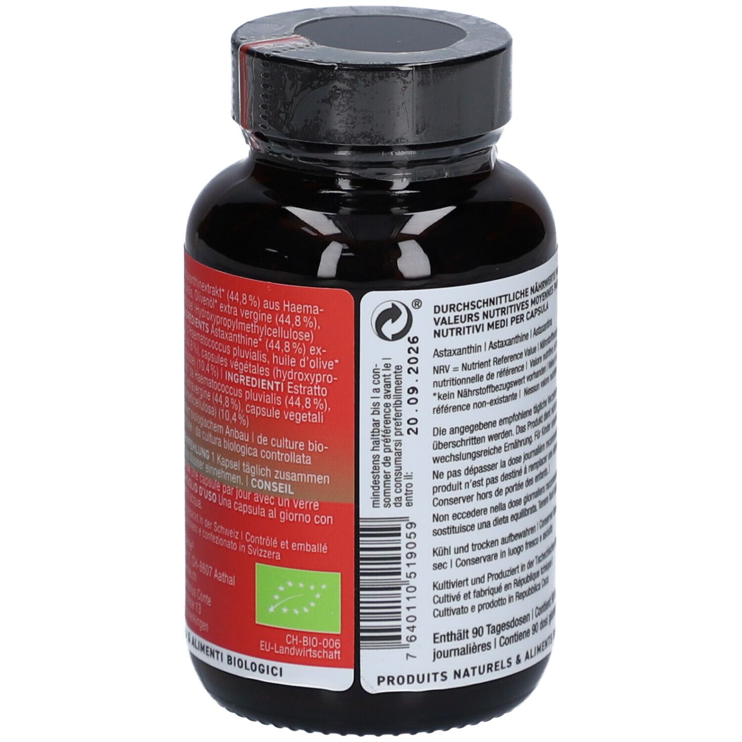 Rückseite der Astaxanthin-Flasche. Text: Zutaten, Mindesthaltbarkeitsdatum 20.09.2026, Bio-Siegel.