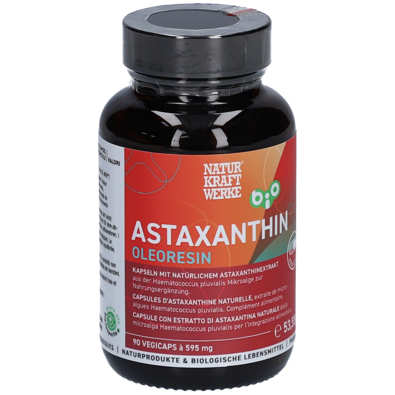Braune Flasche mit Astaxanthin-Kapseln. Aufschrift: NATURKRAFTWERKE, Astaxanthin Oleoresin, 90 Vegicaps, 595 mg.