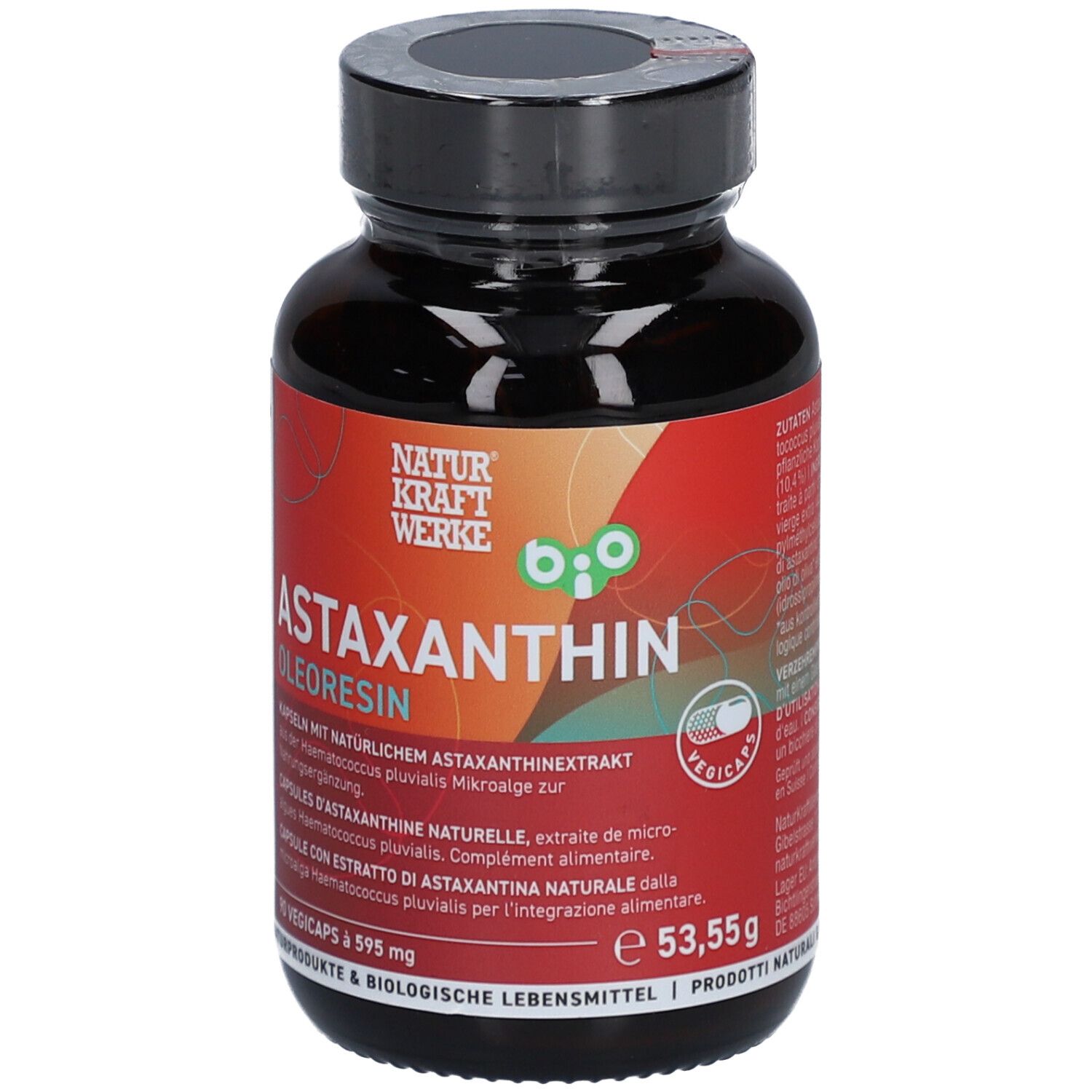 Braune Flasche mit Astaxanthin-Kapseln. Aufschrift: NATURKRAFTWERKE, Astaxanthin Oleoresin, 90 Vegicaps, 595 mg.