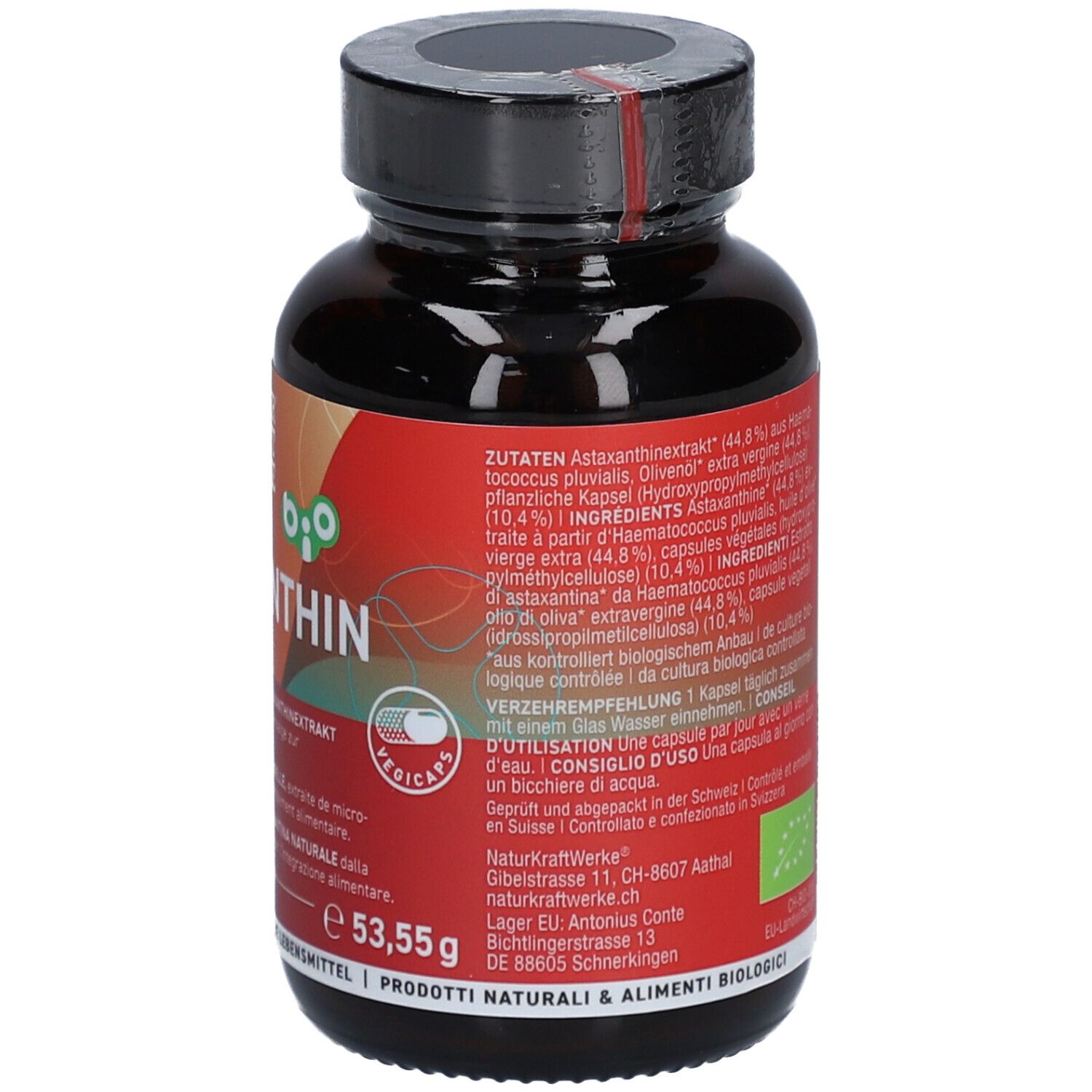 Braune Flasche mit Astaxanthin-Kapseln. Aufschrift: NATURKRAFTWERKE, Astaxanthin Oleoresin, 90 Vegicaps, 595 mg, Zutaten.