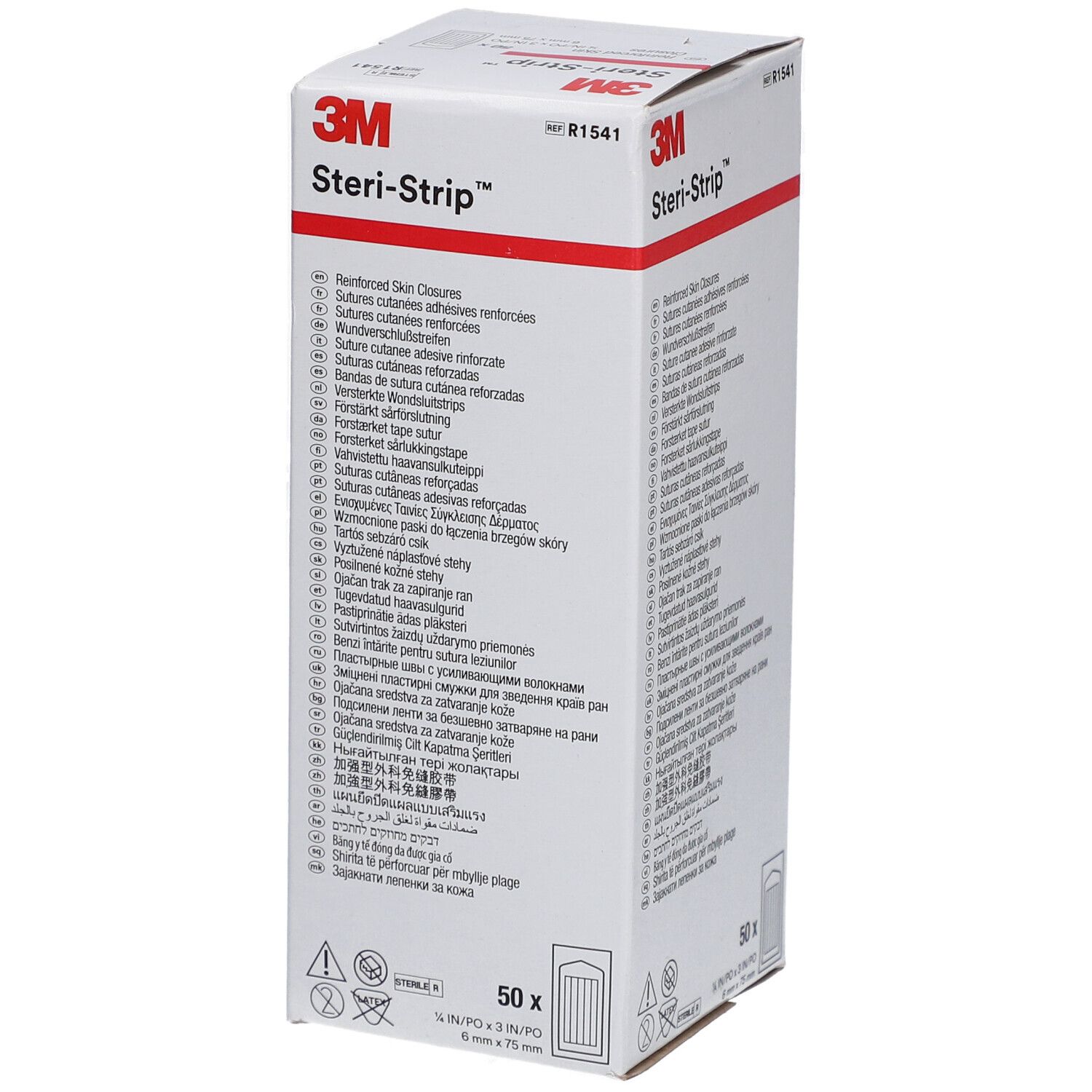 Verpackung von 3M Steri-Strip. Aufschrift: 3M Steri-Strip, 50 Stück, 6 mm x 75 mm. Mehrsprachige Produktbeschreibungen.