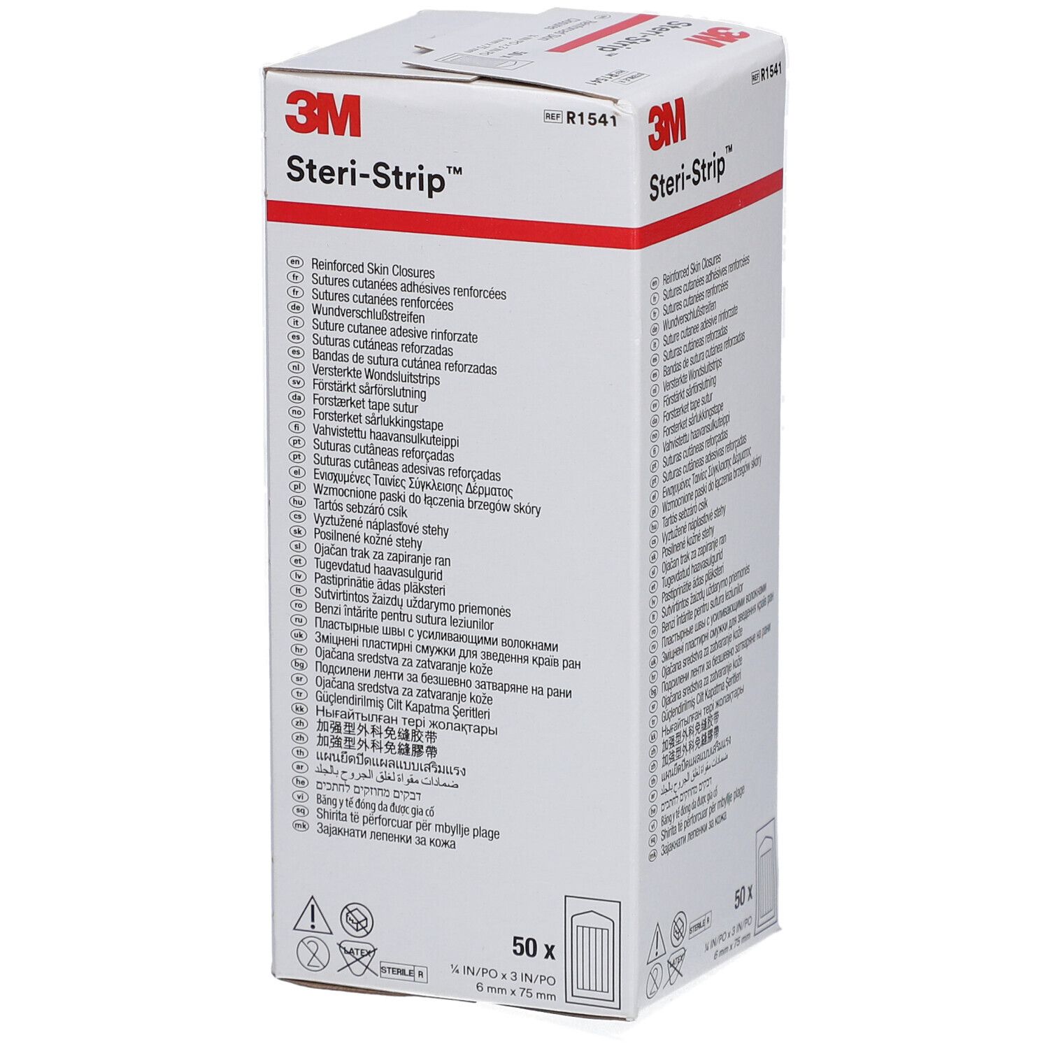 Verpackung von 3M Steri-Strip. Aufschrift: 3M Steri-Strip, 50 Stück, 6 mm x 75 mm. Mehrsprachige Produktbeschreibungen.