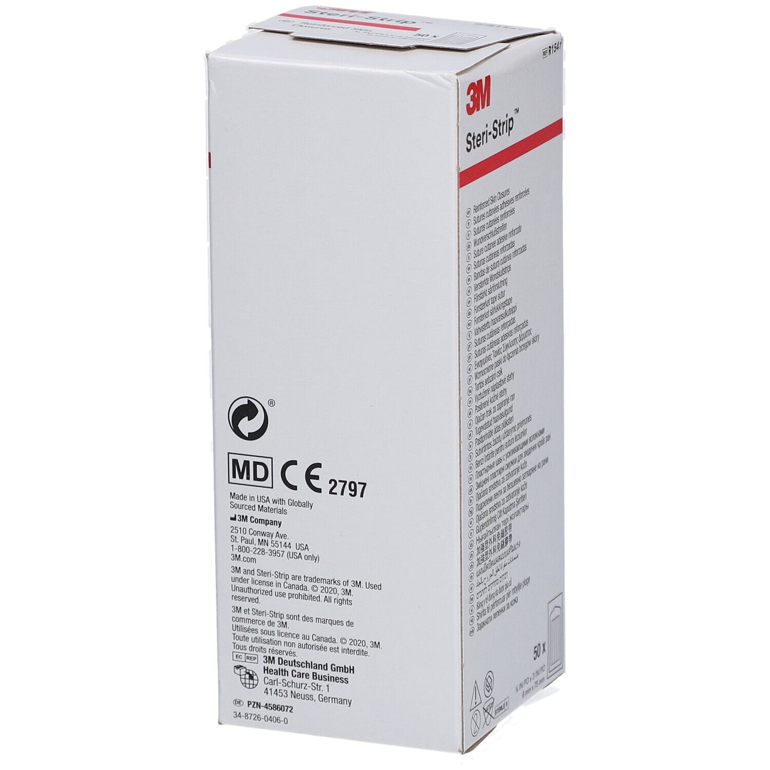 Verpackung von 3M Steri-Strip. Aufschrift: 3M Steri-Strip. Auf der Seite: MD CE 2797. Informationen zum Hersteller.