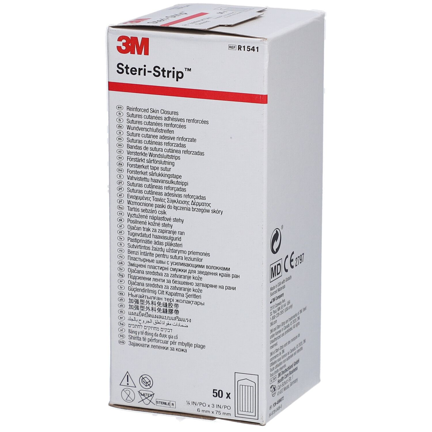 Verpackung von 3M Steri-Strip. Aufschrift: 3M Steri-Strip, 50 Stück, 6 mm x 75 mm. Mehrsprachige Produktbeschreibungen.
