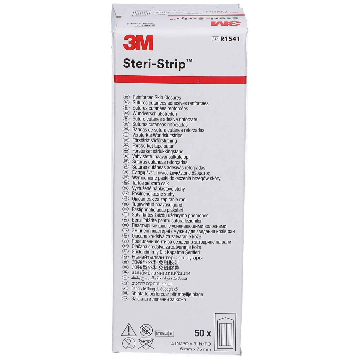 Verpackung von 3M Steri-Strip. Aufschrift: 3M Steri-Strip, 50 Stück, 6 mm x 75 mm. Mehrsprachige Produktbeschreibungen.